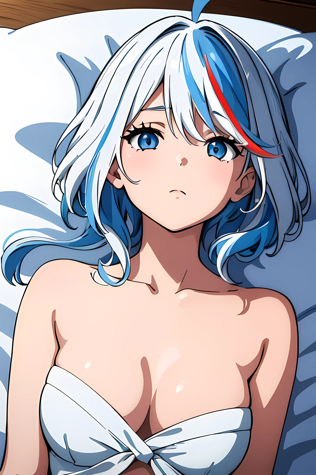 (1girl in),(beautiful eyes finely detailed, Face to detail, multi colored hair (white and blue)), furina, lying down her back in bed, and shy facial expression, looking at viewers, camera angle from front, full body, masterpiece sidelighting, masterpiece, top-quality, detailed, High resolution illustration