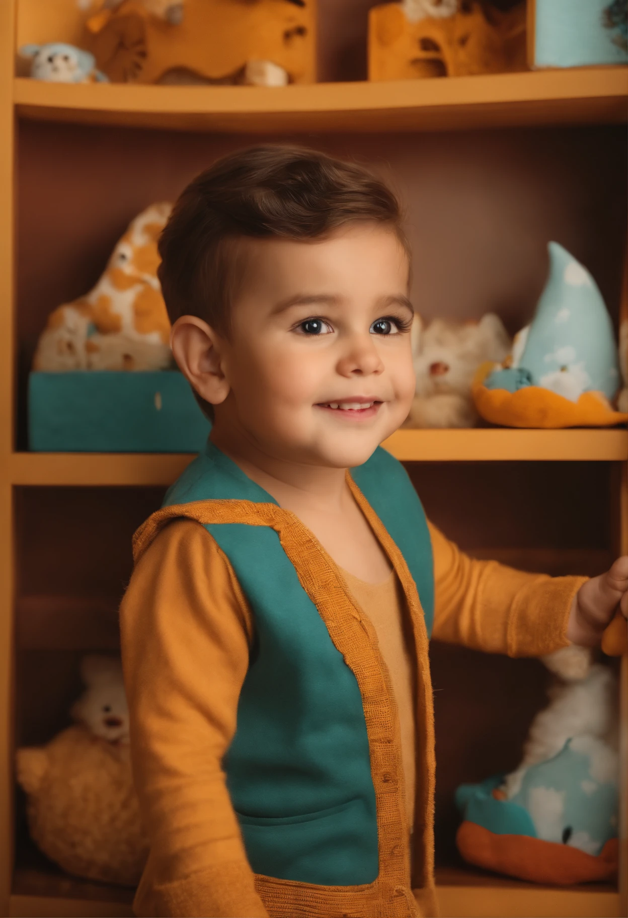 menino: Bento,  5 anos de idade, cabelo curto estilo Disney, olhos cor de mel e sorrisos. Menino: Rafael , 2 anos,  cabelos curto e olhos castanhos . scenecy: Bento and Rafael are in a cozy little house in the valley, ao fundo um dia ensolarado, Destacando o Sol.