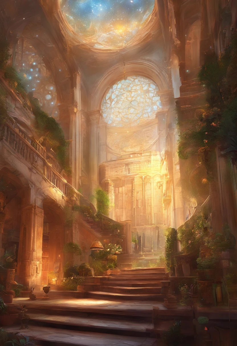 natta、vast library、Three floors、stairwell、Wall-to-wall books、high ceilings、Elevated windows、Moonlight illuminates the room、Retro interior、Frontal line of sight、Look up from a little below、There are no stairs、Desk in the middle、The line of sight should look up from the bottom slightly