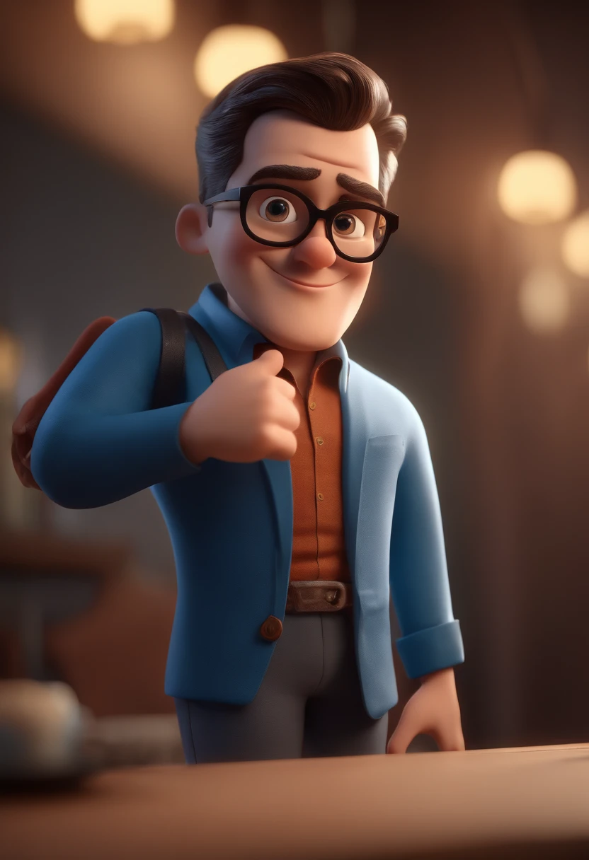 Cartoon character of a man with black glasses and a blue shirt, animation character, Caractere estilizado, animation style rendering, 3D estilizado, Arnold Maya render, 3 d render stylized, toon render keyshot, Personagem 3D, Personagem 3D, 3d rendering stylized, 3 d character render, personagem de desenho animado, Personagem de close up, Pose de personagem, (Estilo Pixar) (master part:1.2) (Bokeh) (best quality) (pele detalhada) (textura detalhada) (8k) (argila) (Cinematic lighting) (foco nítido