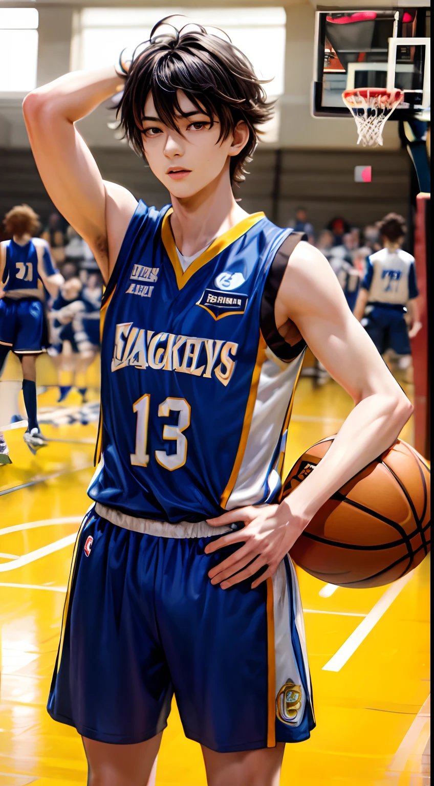 a handsome highschool boy playing basketball, messy hair , black hair, basketball uniform, hall, anime