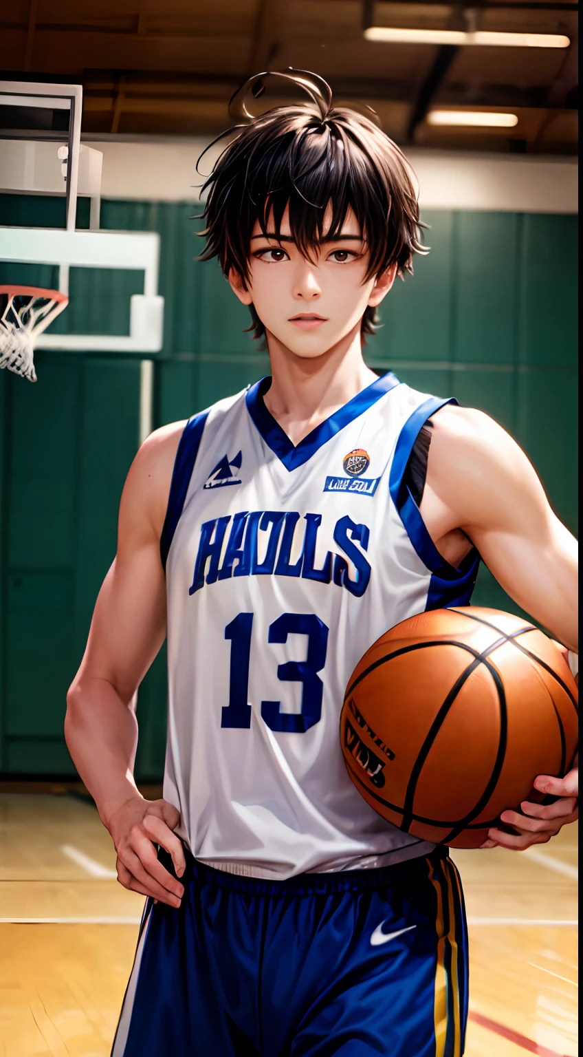 a handsome highschool boy playing basketball, messy hair , black hair, basketball uniform, hall, anime