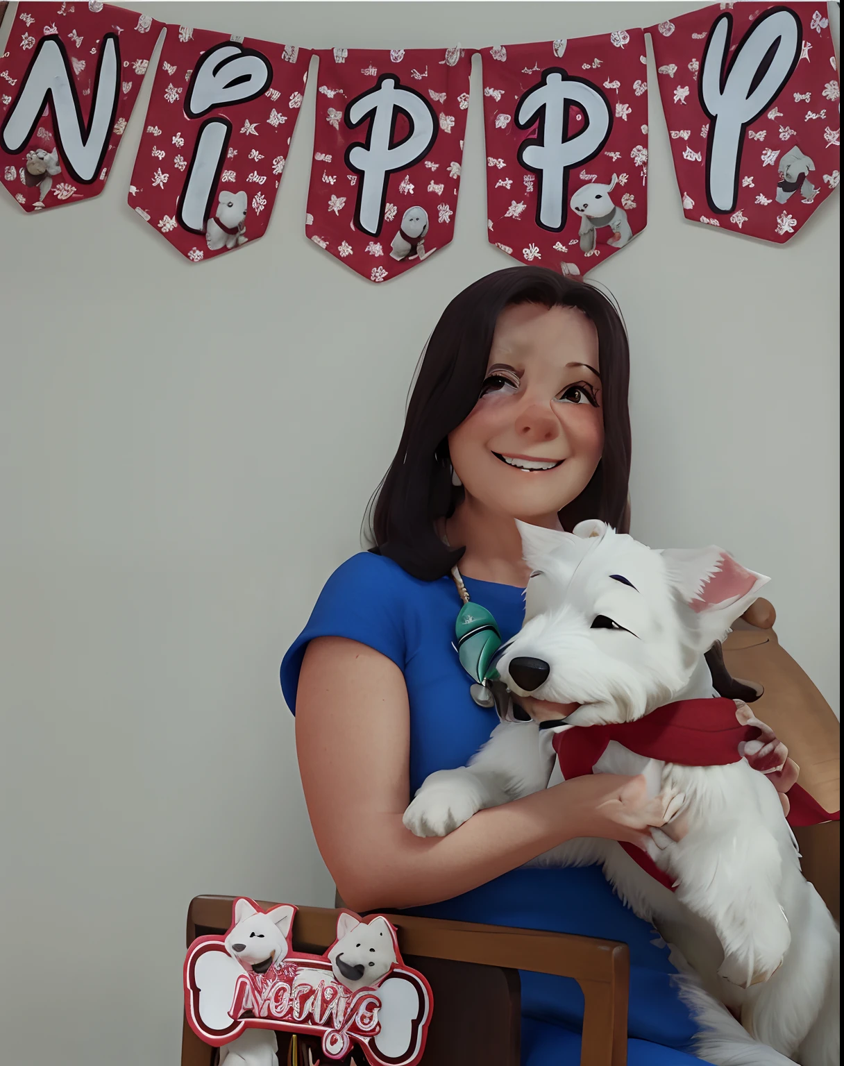 Uma mulher de 60 anos sorrindo. Holding a white west terrier dog on his lap, With a red scarf around his neck