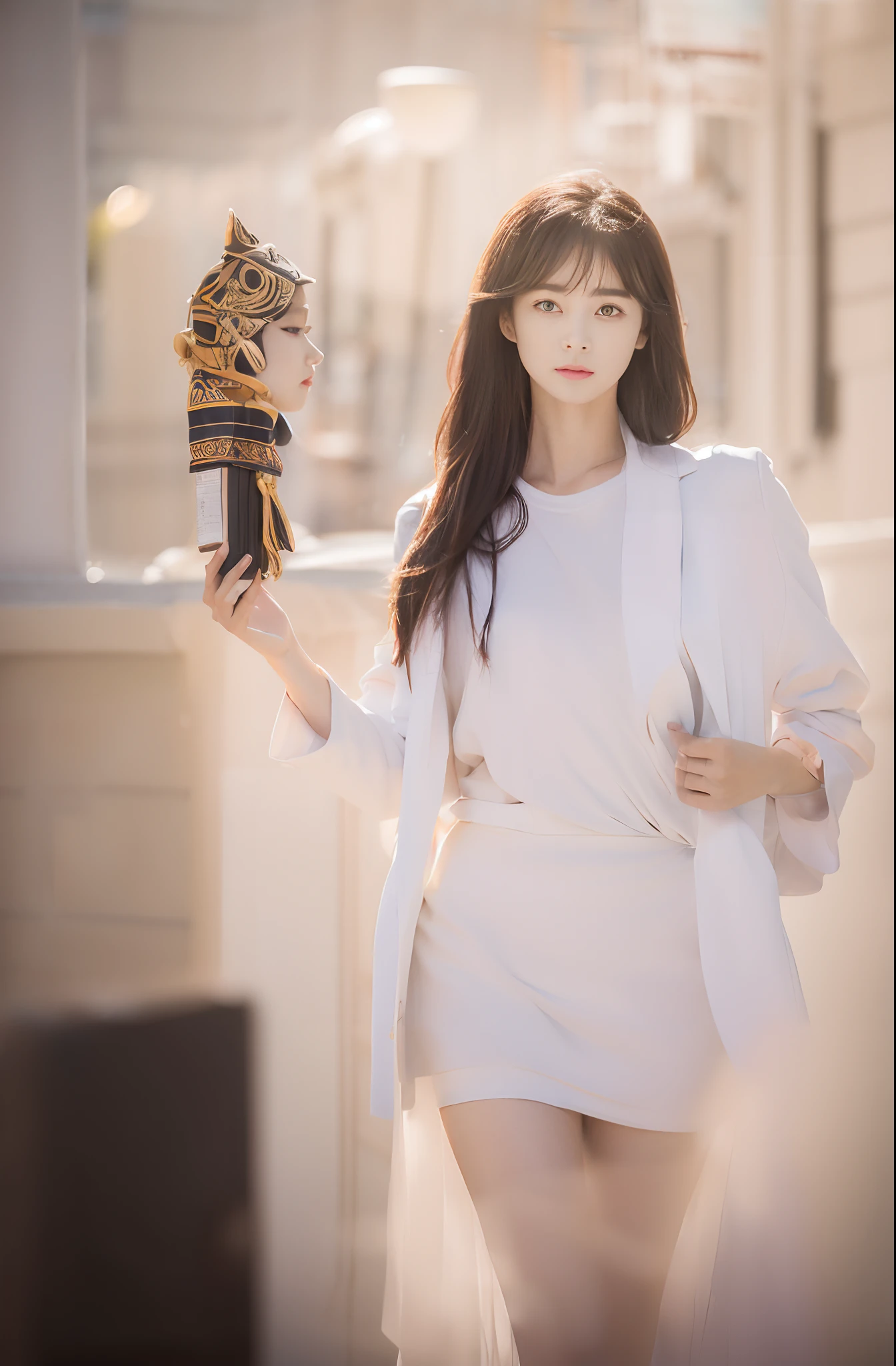 detailed photo、A modern interpretation of the goddess Menleva dressed as a 20-year-old Japan woman
Thinking of a young woman in Japan, Her posture exudes confidence and dignity, Reminiscent of the ancient Etruscan goddess Menleva. Her outfit is、The past and present are beautifully blended, An ensemble of hipsters paying homage to her divine inspiration. You might wear a chic blazer that subtly mimics the shape of a warrior's armor, Paired with a graphic t-shirt with an artistically depicting the helmet, sheild, and spears, The classic symbol of Menrva. Her hair is styled with a contemporary cut, Sleek and structured, Without compromising modern style、It gives the impression of a warrior's helmet.
Her accessories are carefully chosen: Designer bags and fashionable bags, A digital tablet that shows a love of art and wisdom, Echoes in scrolls and books related to the Goddess of Wisdom. Her gaze is intelligent and sharp, With a playful spark that hints at her creative spirit. Her youth々Contrary to appearance, She exudes an air of authority, of a goddess accustomed to command and respect「boss」A nod to the nature of the.
In her essence, This modern representation of Menleva is、、、It's a fusion of the old and the new, Timeless Goddess Qualities、Embodied in a way that resonates with modern society.