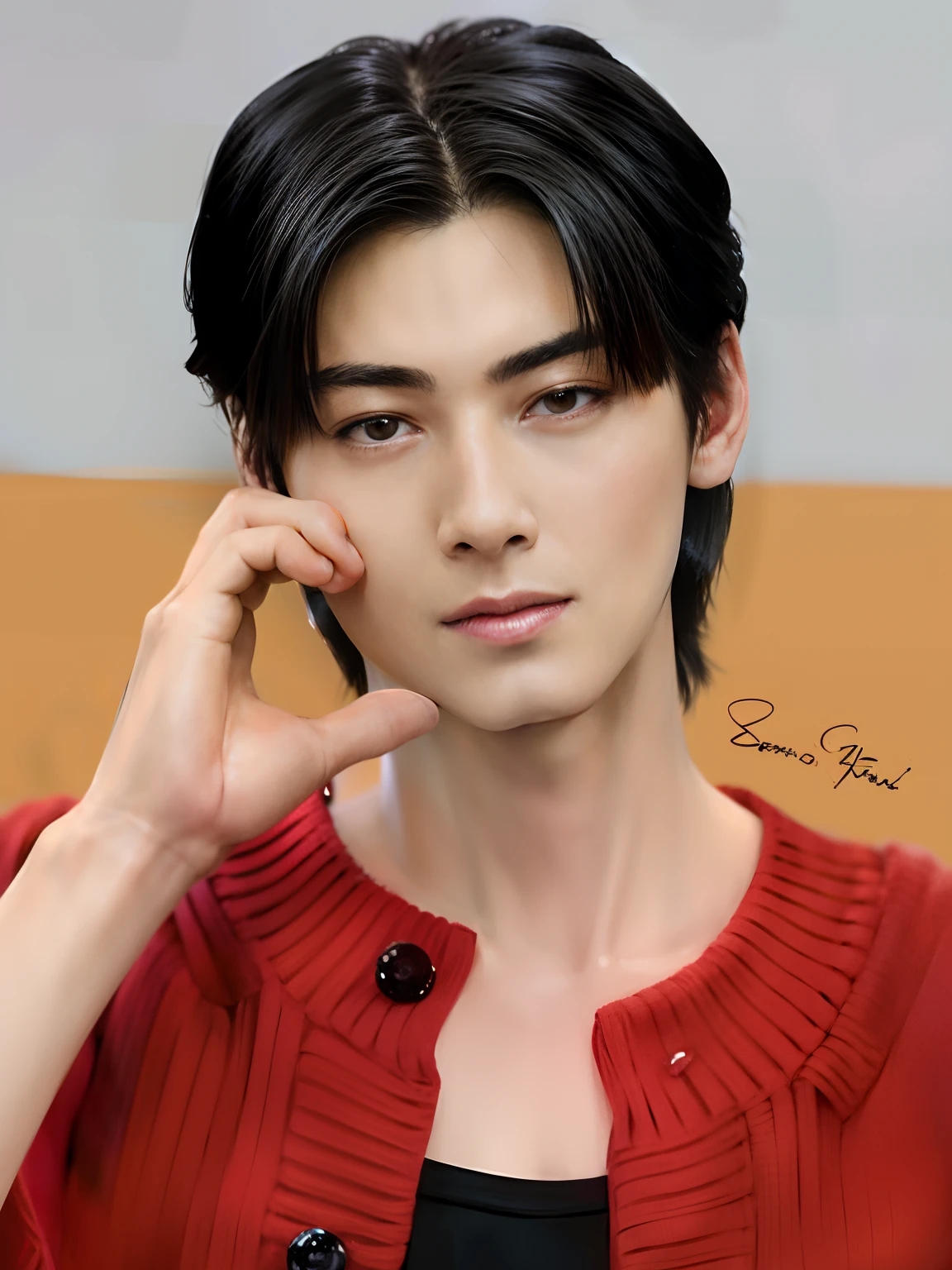 a close up of a person with a red sweater and a red sweater, siwoo kim, inspired by Zhang Han, korean artist, jung jaehyun, jinyoung shin, [ digital art ]!!, wan adorable korean face, young wan angel, kim doyoung, andy park, made with anime painter studio, digital art picture, inspired by Byeon Sang-byeok