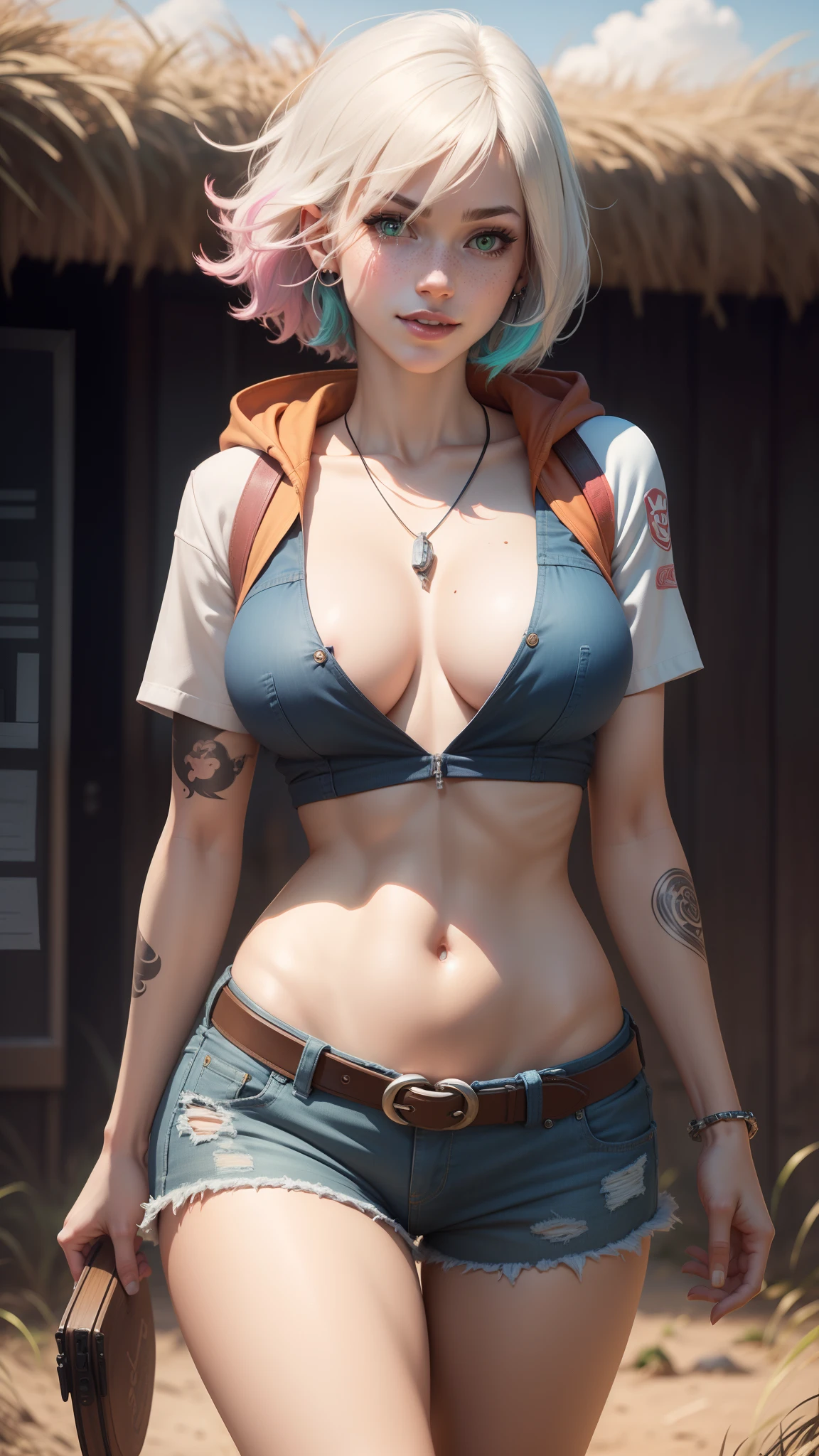 gwen tennyson,tracer,y'shtola rhul,yorha 2b,overwatch,nier automata,mech pilot,ranch,tattoos,orange and pink plugsuit,white short sleeve schoolgirl top,denim micro shorts,uncovered belly,short hair,punk makeup,green eyes,multicolored silver hair,sexy smile,freckles,beautiful girl,large breasts,8k,ultra detailed,realistic,fantasy art,ear piercings,rancher uniform,saiyan girl,short sleeve plaid hoodie,cowboy belt,hay field,walking,chain necklace, straw hat,