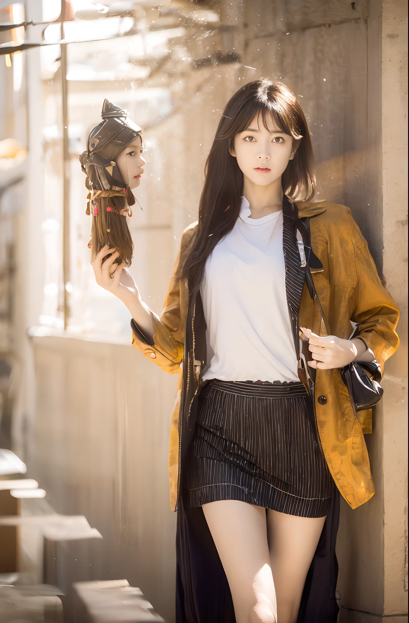 Thinking of a young woman in Japan, Her posture exudes confidence and dignity, Reminiscent of the ancient Etruscan goddess Menleva. Her outfit is、The past and present are beautifully blended, An ensemble of hipsters paying homage to her divine inspiration. You might wear a chic blazer that subtly mimics the shape of a warrior's armor, Paired with a graphic t-shirt with an artistically depicting the helmet, sheild, and spears, The classic symbol of Menrva. Her hair is styled with a contemporary cut, Sleek and structured, Without compromising modern style、It gives the impression of a warrior's helmet.

Her accessories are carefully chosen: Designer bags and fashionable bags, A digital tablet that shows a love of art and wisdom, Echoes in scrolls and books related to the Goddess of Wisdom. Her gaze is intelligent and sharp, With a playful spark that hints at her creative spirit. Her youth々Contrary to appearance, She exudes an air of authority, of a goddess accustomed to command and respect「boss」A nod to the nature of the.

In her essence, This modern representation of Menleva is、、、It's a fusion of the old and the new, Timeless Goddess Qualities、Embodied in a way that resonates with modern society.