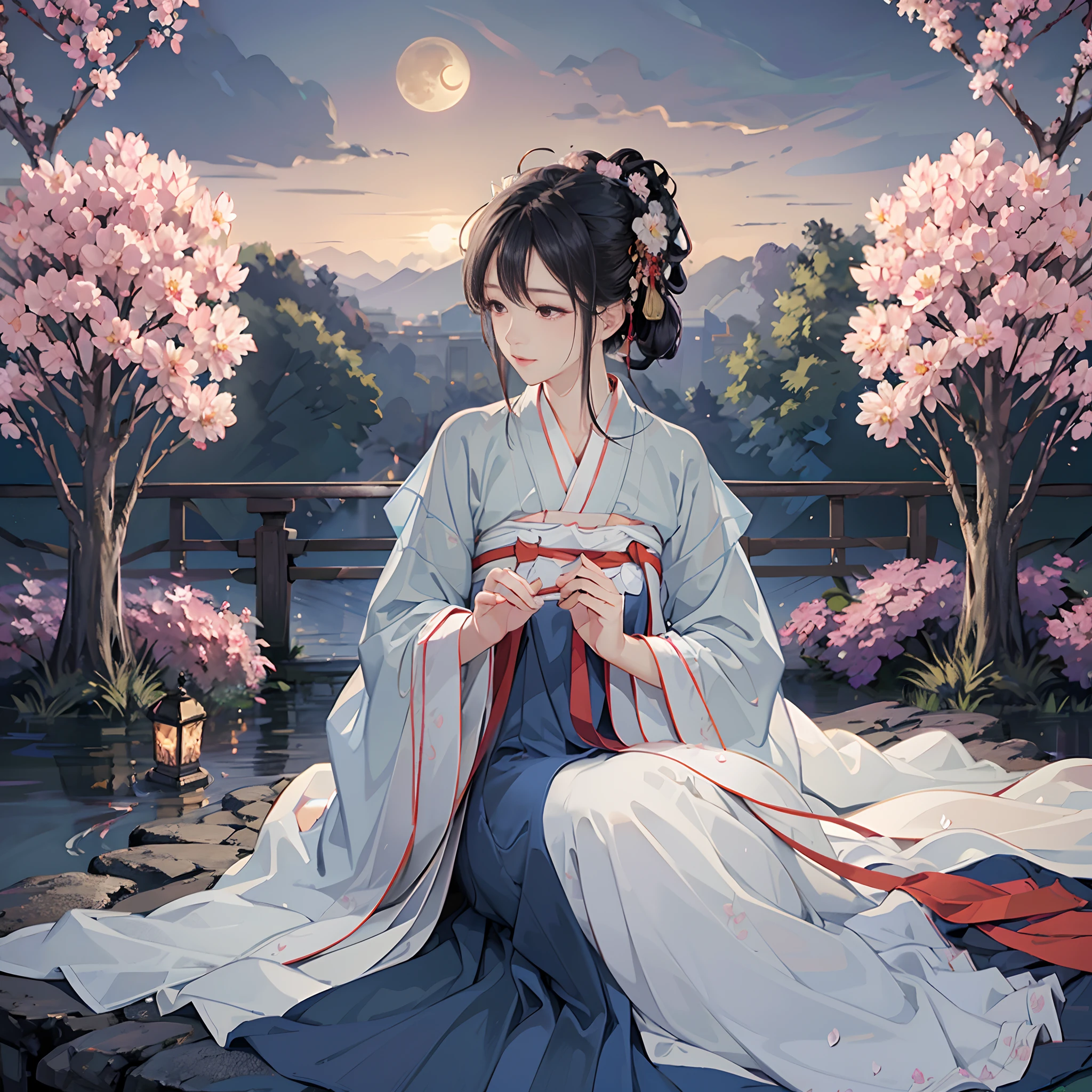 (best quality,high-resolution,clear image:1.2),ultra-detailed background,beautiful woman,Korean traditional hanbok,delicate petals,garden scene,under the moonlight,romantic atmosphere,Dutch angle shot,soft lighting,headpiece