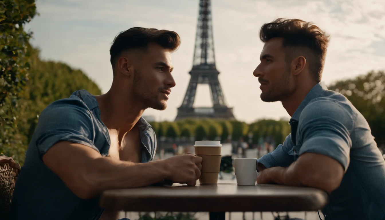 photo of stunning two handsome muscular Thai men kissing sitting outdoors at a French cafe near Eiffel Tower, Paris, no female, honey eyes, short messy windy dark brown hair, flipping hair, closeup zoomed in tight crop portrait, people watching, top-view (out door french coffee shop scene:1.2) (day time:1.2) wearing a (linen shorts and no shirt:1.3) (Lighting-blue:1.2) foreground objects background details (masterpiece:1.2) (photorealistic:1.2) (bokeh:1.2) (best quality) (color grading) (detailed skin:1.3) (no shirt:1.3) (intricate) (8k) (HDR) (cinematic lighting:1.3) (sharp focus), messy windy hair, Location Paris France