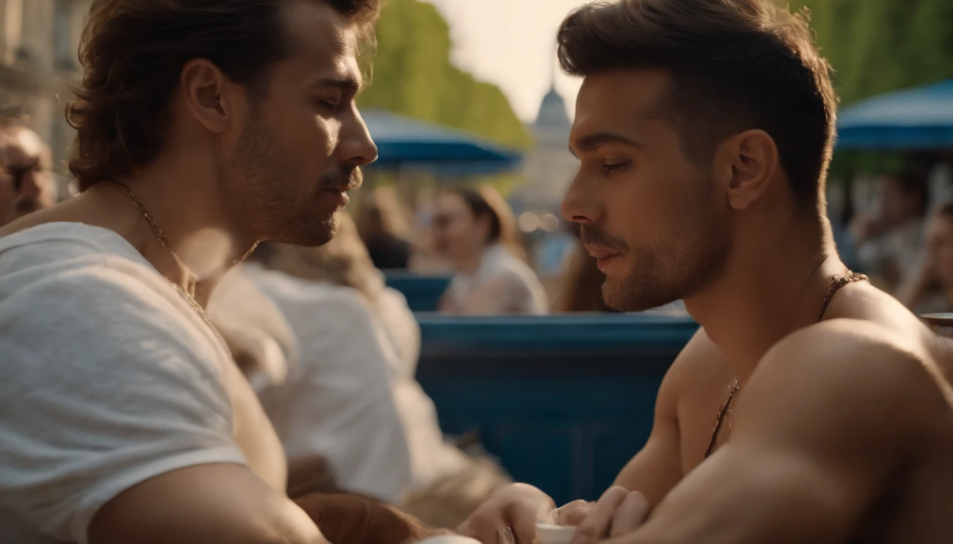 photo of stunning two handsome muscular Thai men kissing sitting outdoors at a French cafe near Eiffel Tower, Paris, no female, honey eyes, short messy windy dark brown hair, flipping hair, closeup zoomed in tight crop portrait, people watching, top-view (out door french coffee shop scene:1.2) (day time:1.2) wearing a (linen shorts and no shirt:1.3) (Lighting-blue:1.2) foreground objects background details (masterpiece:1.2) (photorealistic:1.2) (bokeh:1.2) (best quality) (color grading) (detailed skin:1.3) (no shirt:1.3) (intricate) (8k) (HDR) (cinematic lighting:1.3) (sharp focus), messy windy hair, Location Paris France