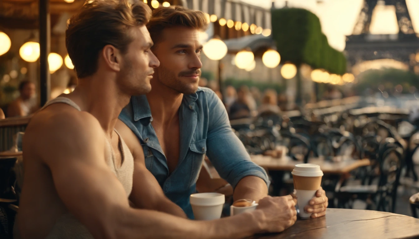 photo of stunning two handsome muscular men sitting outdoors at a French cafe near Eiffel Tower, Paris, no female, honey eyes, short messy windy light brown hair, flipping hair, closeup zoomed in tight crop portrait, people watching, top-view (out door french coffee shop scene:1.2) wearing a (linen shorts and no shirt:1.3) (Lighting-blue:1.2) foreground objects background details (masterpiece:1.2) (photorealistic:1.2) (bokeh:1.2) (best quality) (color grading) (detailed skin:1.3) (no shirt:1.3) (intricate) (8k) (HDR) (cinematic lighting:1.3) (sharp focus), messy windy hair, Location Paris France
