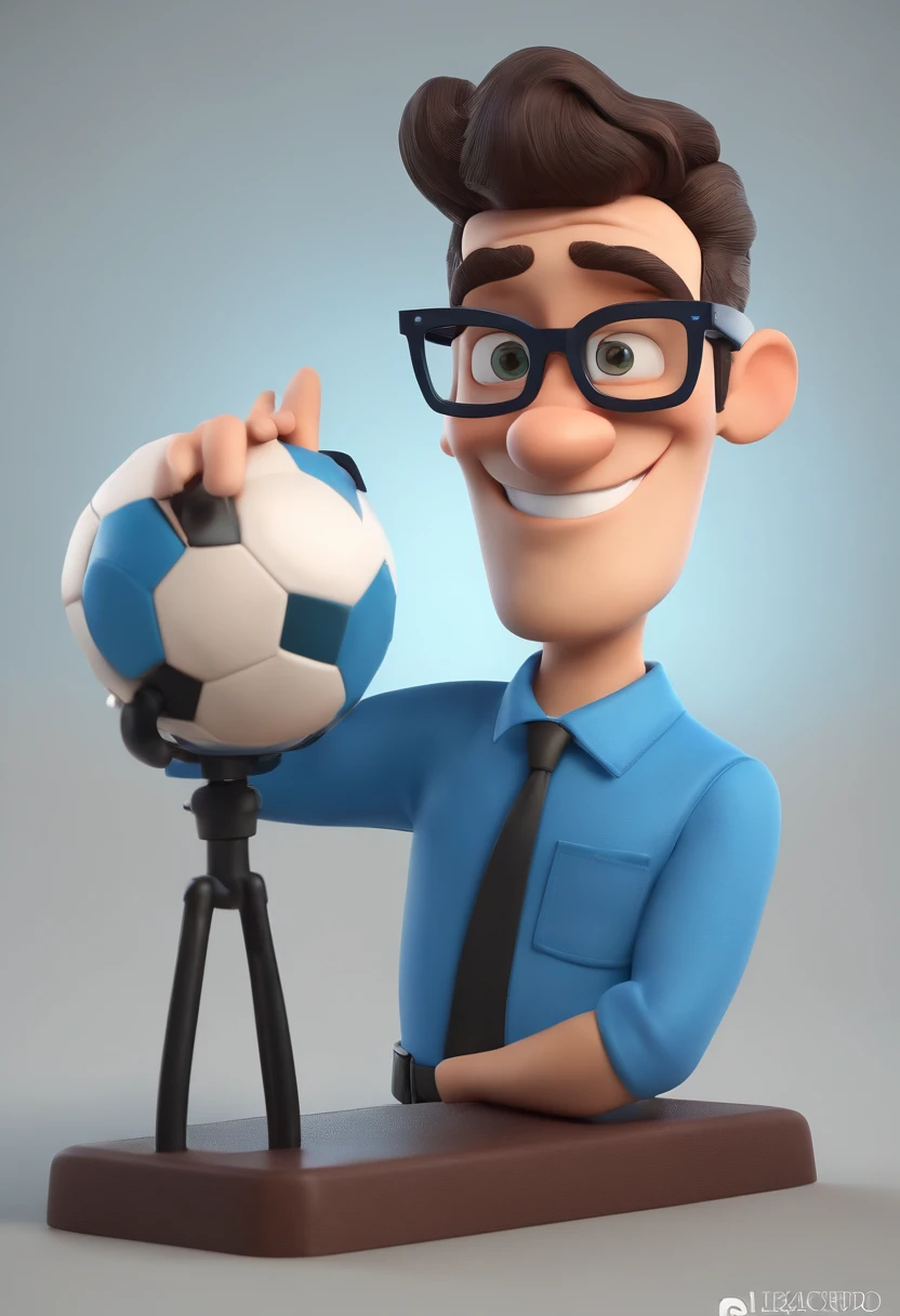 Cartoon character of a man wearing black glasses and a blue shirt, cabelos meio crespo baixo com a lateral muito curta de pele morena um personagem animado, Caractere estilizado, animation style rendering, 3D estilizado, Tavares a render, 3 d render stylized, toon render keyshot, Personagem 3D, Personagem 3D, 3d rendering stylized, 3 d character render, personagem de desenho animado, Personagem de close up, Pose de personagem, (Estilo Pixar) (master part:1.2) (Bokeh) (best quality) (pele detalhada) (textura detalhada) (8k) (argila) (Cinematic lighting) (foco nítido,Senta e vaza a parte superior do corpo