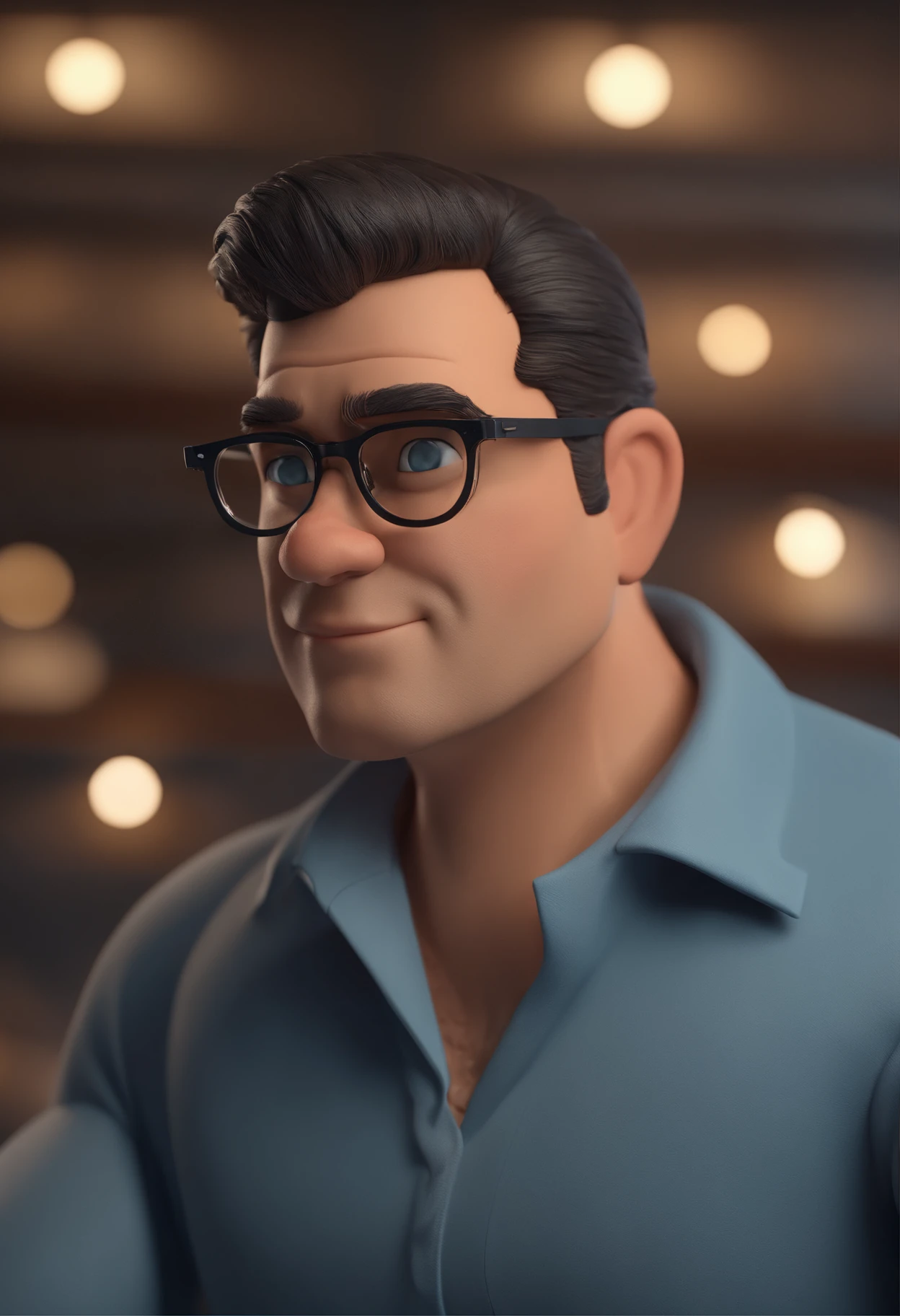 Cartoon character of a man with black glasses and a blue shirt, animation character, Caractere estilizado, animation style rendering, 3D estilizado, Arnold Maya render, 3 d render stylized, toon render keyshot, Personagem 3D, Personagem 3D, 3d rendering stylized, 3 d character render, personagem de desenho animado, Personagem de close up, Pose de personagem,  (Estilo Pixar) (master part:1.2) (Bokeh) (best quality) (pele detalhada) (textura detalhada) (8k) (argila) (Cinematic lighting) (foco nítido