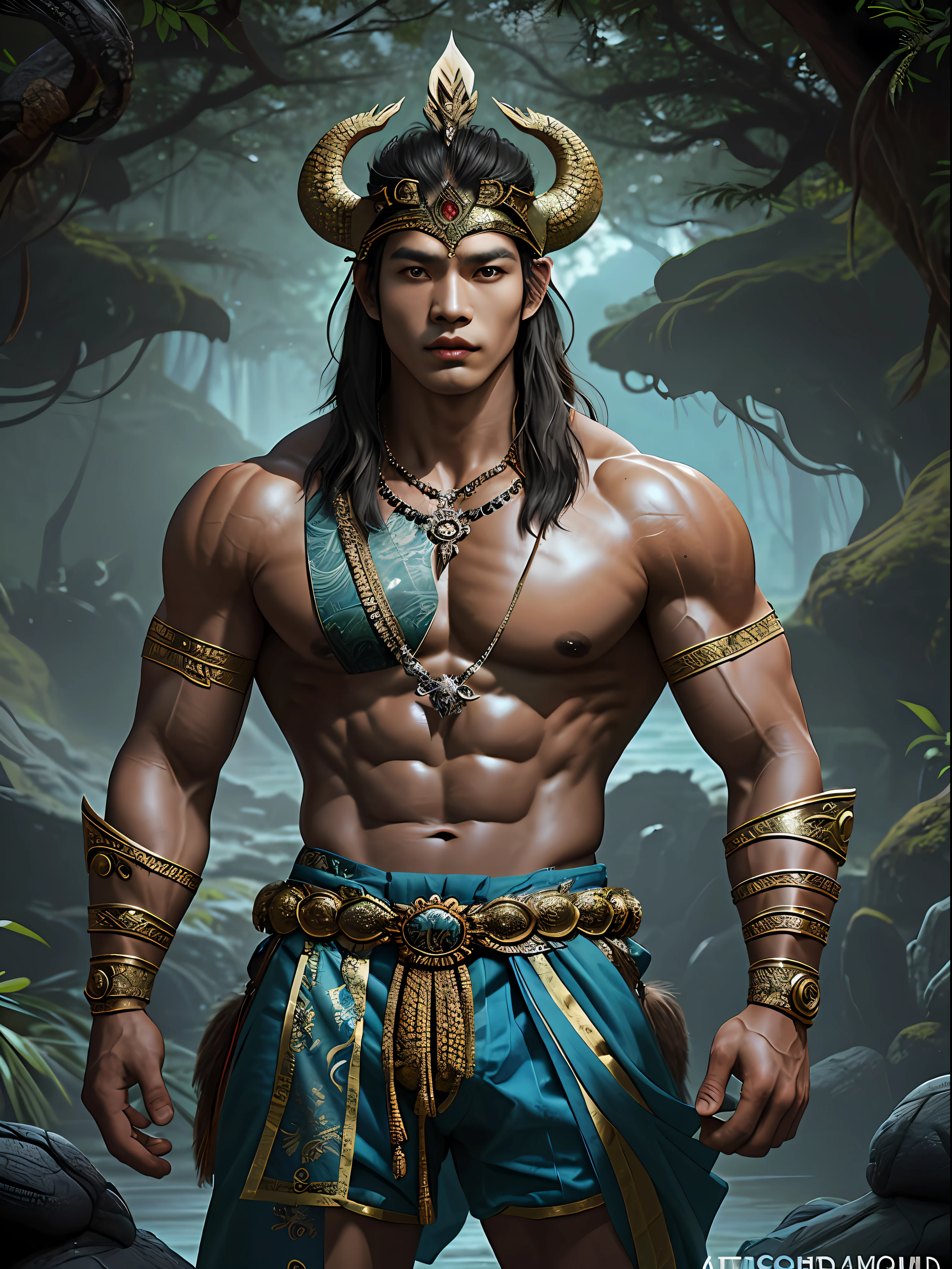 (Muscular, handsome, shirtless, double eyelids, asian), Chala s the legendary crocodile fighter, and his captivating persona. Topless outfit, wearing a shorts that reveals his muscular buttocks and thighs.  Chala emerges from the depths of ancient tales as a formidable warrior, deeply intertwined with the mythos of the land. A crocodid depicted with an imposing presence, exuding an air of primal power and mystique. Clad in traditional Thai attire his ensemble reflects a fusion of regal elegance and battle-hardened resilience. The intricate details of his clothing, adorned with vibrant patterns and ornate embroidery, pay homage to the cultural heritage of the region.