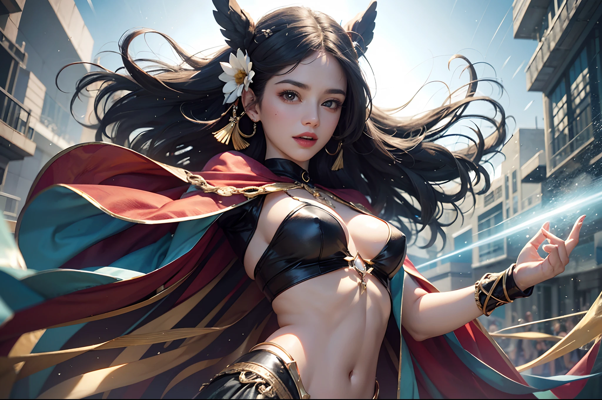 melhor qualidade, ultra-detalhado, cores vibrantes, realistic lighting, Retratos, olhar intenso, sorriso sedutor, maquiagem detalhada, playful and mischievous expression, dinamic poses, Trajes estilosos, energetic and lively atmosphere, diverse and enthusiastic crowd, postura sedutora e provocadora, Powerful and confident presence, peitos pequenos --auto --s2