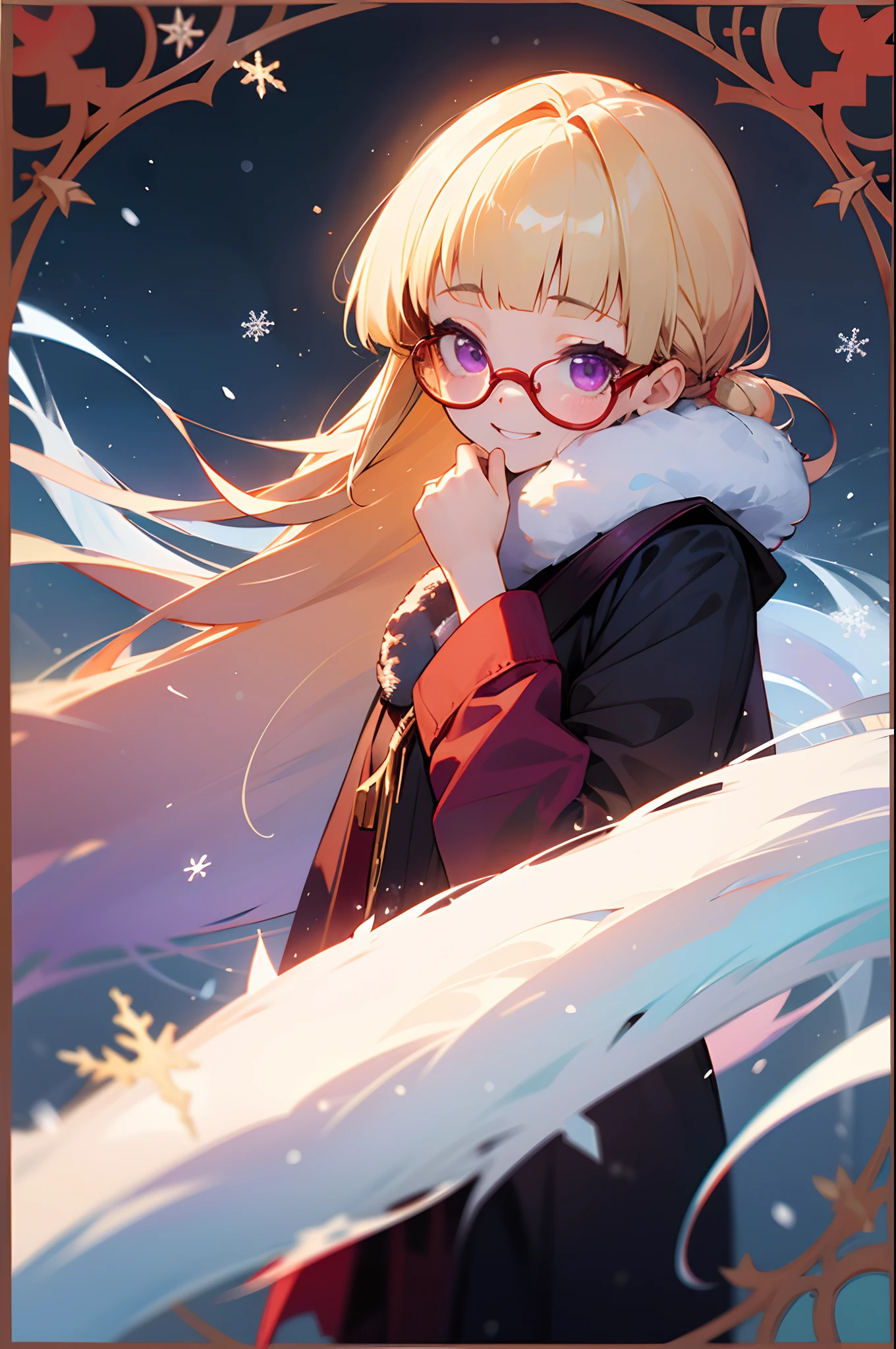 1girl in、a blond、Blunt bangs、Straight hair、Hair pulled back、Purple eyes、((Red Frame Glasses)):1.5、a smile、Laugh、Winters、snowflakes falling