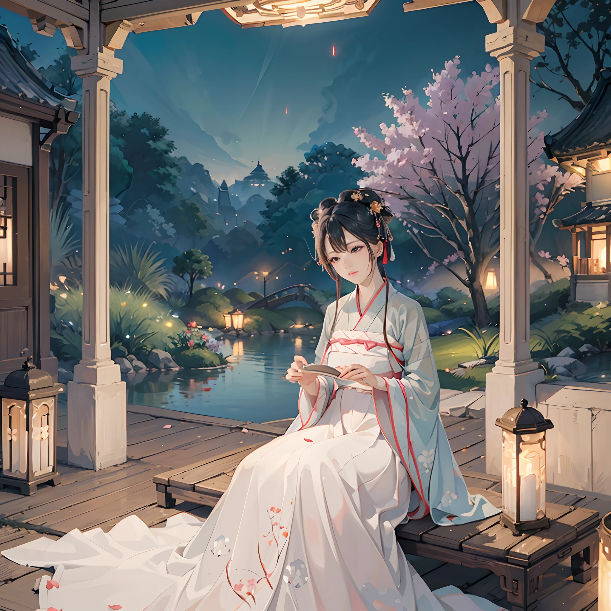 (best quality,high-resolution,clear image:1.2),ultra-detailed background,beautiful woman,Korean traditional hanbok,delicate petals,garden scene,under the moonlight,romantic atmosphere,Dutch angle shot,soft lighting,headpiece