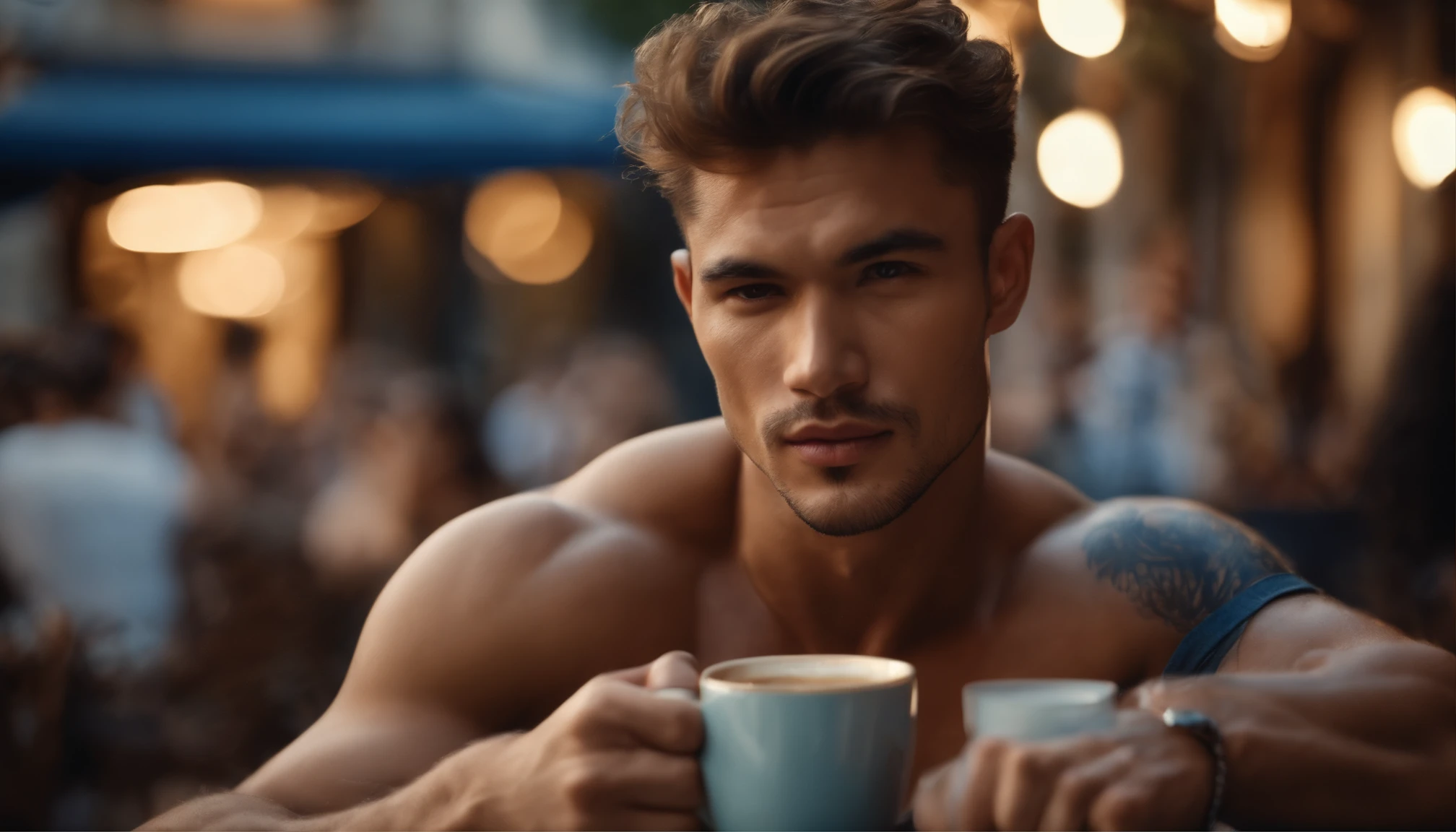 photo of stunning handsome muscular naked Thai men, no female, honey eyes, no shirt short messy windy light brown hair, flipping hair, closeup zoomed in tight crop portrait, sitting outdoors at a cafe, look you look at me, top-view (out door french coffee shop scene:1.2) (wearing no shirt:1.3) (coffee in hand:1.3) (Lighting-blue:1.2) foreground objects background details (masterpiece:1.2) (photorealistic:1.2) (bokeh:1.2) (best quality) (color grading) (detailed skin:1.3) (intricate) (8k) (HDR) (cinematic lighting:1.3) (sharp focus), messy windy hair Paris France