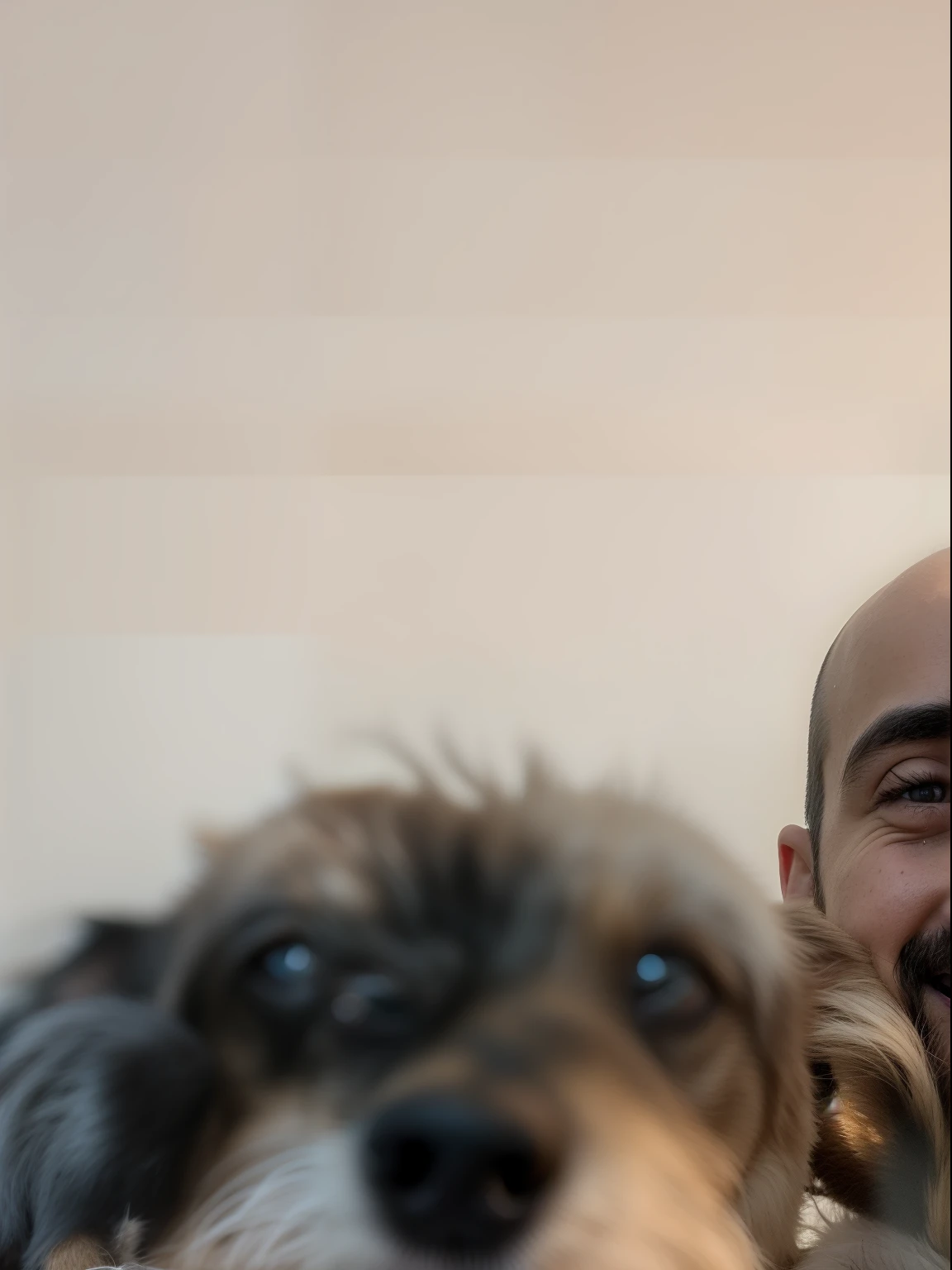 There's a man holding a dog on his lap, with his hyperactive little dog, selfie of a dog, friendly guy and small creature, with dogs, happily smiling at the camera, smiling at camera, fotografia, imagem de qualidade muito baixa, smiling at camera, Fotografia selfie 8k, both smiling for the camera, retrato de alta qualidade, front facing the camera