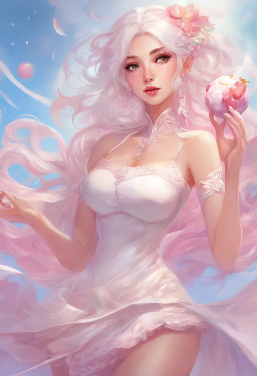 White hair, goddess, twintails, tight shirt, mini skirt, pink skirt, crop top, white crop top, quality face, quality picture, Adult female, mouth open, tongue out, blush, ice cream in mouth, dripping ice cream,