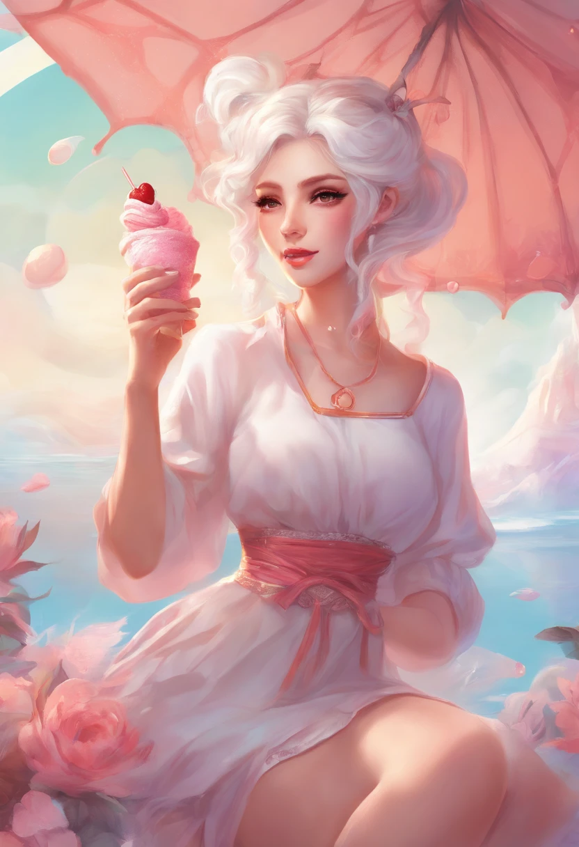 White hair, goddess, twintails, tight shirt, mini skirt, pink skirt, crop top, white crop top, quality face, quality picture, Adult female, mouth open, tongue out, blush, ice cream in mouth, dripping ice cream,