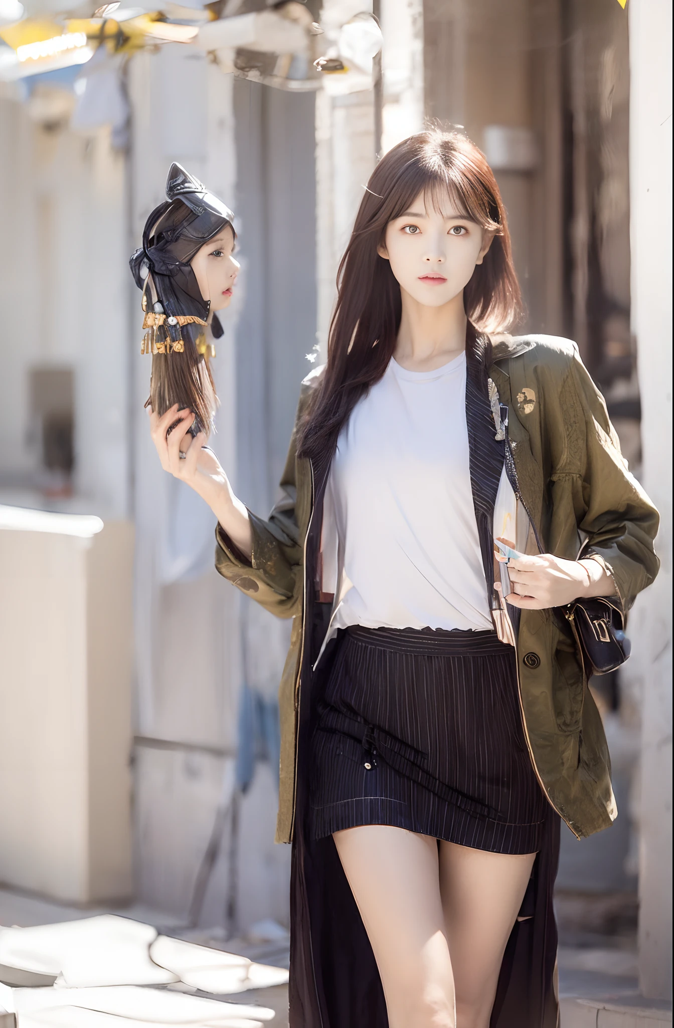 Thinking of a young woman in Japan, Her posture exudes confidence and dignity, Reminiscent of the ancient Etruscan goddess Menleva. Her outfit is、The past and present are beautifully blended, An ensemble of hipsters paying homage to her divine inspiration. You might wear a chic blazer that subtly mimics the shape of a warrior's armor, Paired with a graphic t-shirt with an artistically depicting the helmet, sheild, and spears, The classic symbol of Menrva. Her hair is styled with a contemporary cut, Sleek and structured, Without compromising modern style、It gives the impression of a warrior's helmet.
Her accessories are carefully chosen: Designer bags and fashionable bags, A digital tablet that shows a love of art and wisdom, Echoes in scrolls and books related to the Goddess of Wisdom. Her gaze is intelligent and sharp, With a playful spark that hints at her creative spirit. Her youth々Contrary to appearance, She exudes an air of authority, of a goddess accustomed to command and respect「boss」A nod to the nature of the.
In her essence, This modern representation of Menleva is、、、It's a fusion of the old and the new, Timeless Goddess Qualities、Embodied in a way that resonates with modern society.