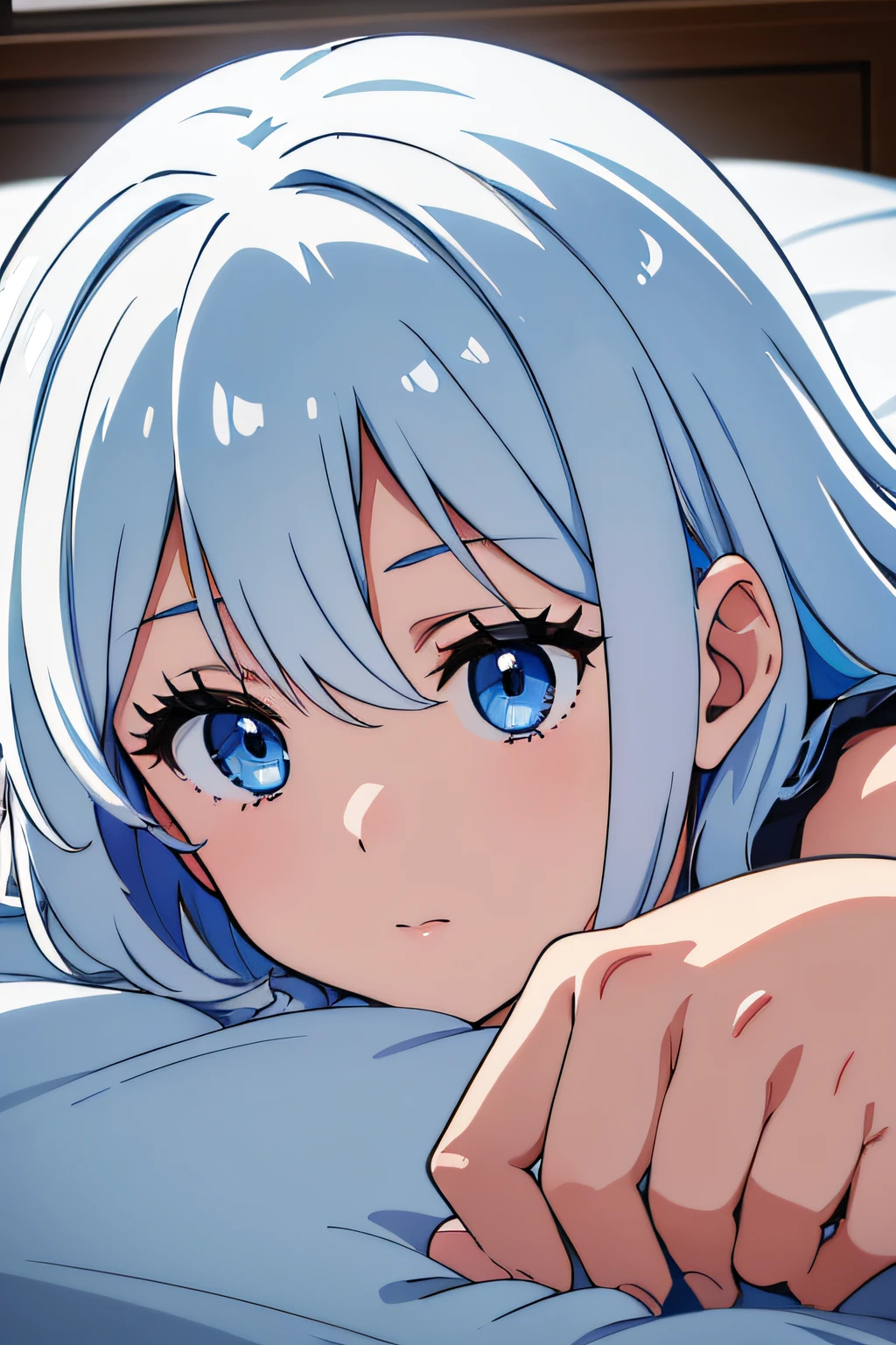 (1girl in),(beautiful eyes finely detailed, Face to detail, multi colored hair (white and blue)), furina, lying down her back in bed, horny and shy facial expression, looking at viewers, camera angle from front, full body, masterpiece sidelighting, ​masterpiece, top-quality, detailed, High resolution illustration