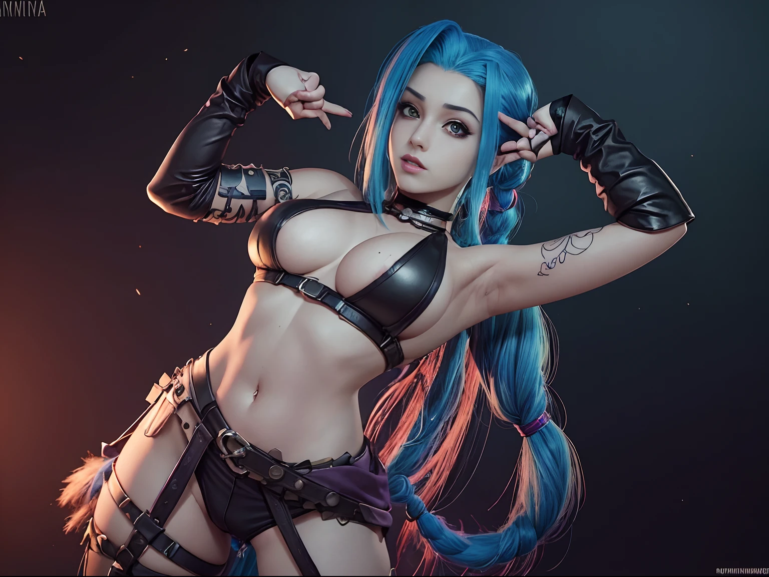 (((jinx)))8k,pawg((de lol))(((Amazing tits)))caliente, hermosa,((Hornie)),(((jinx)))((tiene trenza)))8k, hiperrealista todo como un motor irreal trazado de rayos render ((estilo humano hiperealista)),(((Empty dark background))). hiperrealista todo como un motor irreal trazado de rayos render estilo humano realista ,(((Empty dark background)))., Suavemente iluminado, Intimo exquisito detalle, foco nítido, intrincadamente detallado, rewarded photography, small-catchlight, bajo contraste, alta nitidez, facial-symmetry, profundidad de campo, cinematic background, Renderizado del motor irreal, Imagen central, dream-like, Suavemente iluminado, intimo, imagen de cuerpo completo ,cuerpo completo,((tetona)),((piernas torneadas)) perfect ass ecchi, hdri