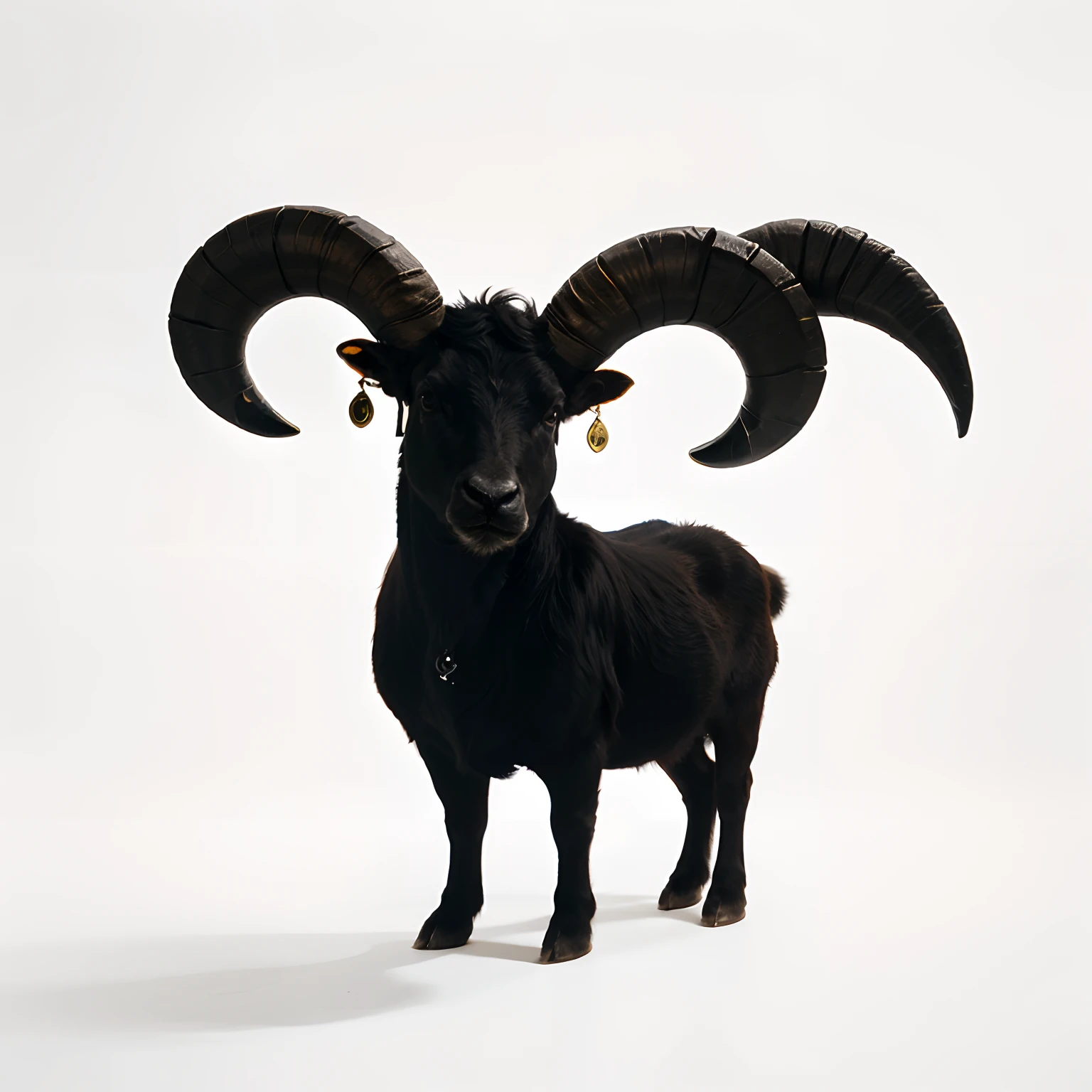 minimalistic lineless logo of a silhouette of the animal a ram with earrings on the horns. no humans. the ram is facing forward. horns are long and curl out to the side