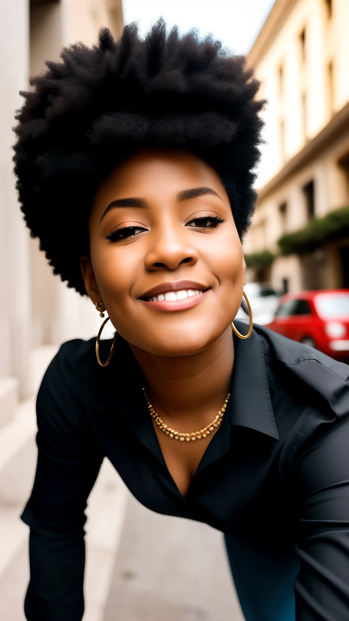 There is a woman with a big afro smiling and wearing a black blouse, foto de uma mulher negra, Ashteroth, Mulher de 30 anos de Cuba, Mami Wata, mulher jovem negra, jovem mulher negra, selfie de uma jovem mulher, taken in the early 2020s, com afro, beautiful city black woman only