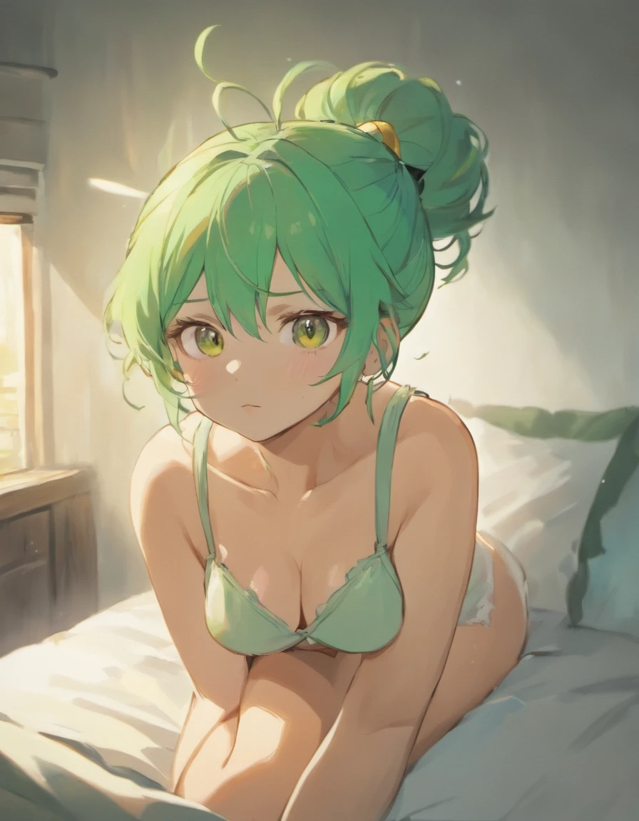masterpiece, best quality, 1girl, sage green hair, golden eyes, hair tied in a messy bun, medium dark skin, triangular eyebrows, chubby, cute, naked, nsfw, sitting on a white bed, dappled sunlight, morning light, wet glistening skin