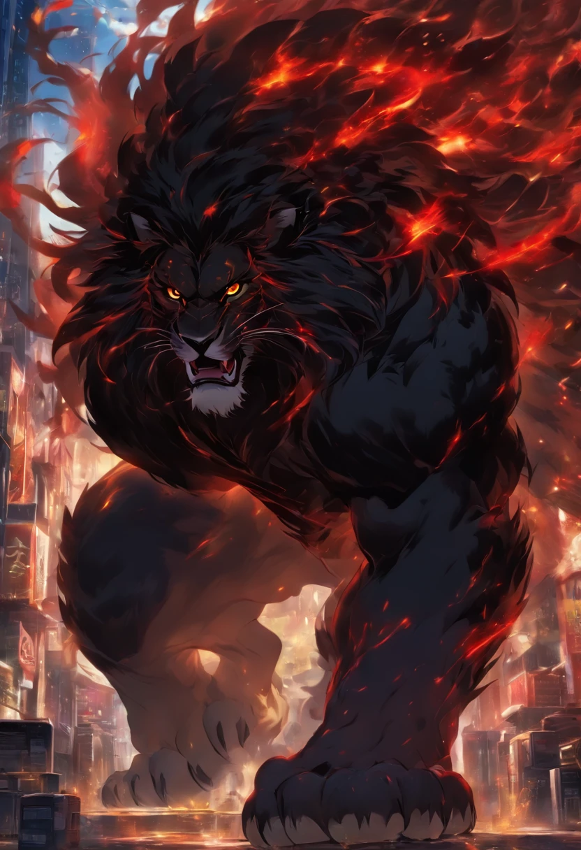 a lion, black hair, red eyes, wings, very monstrous body