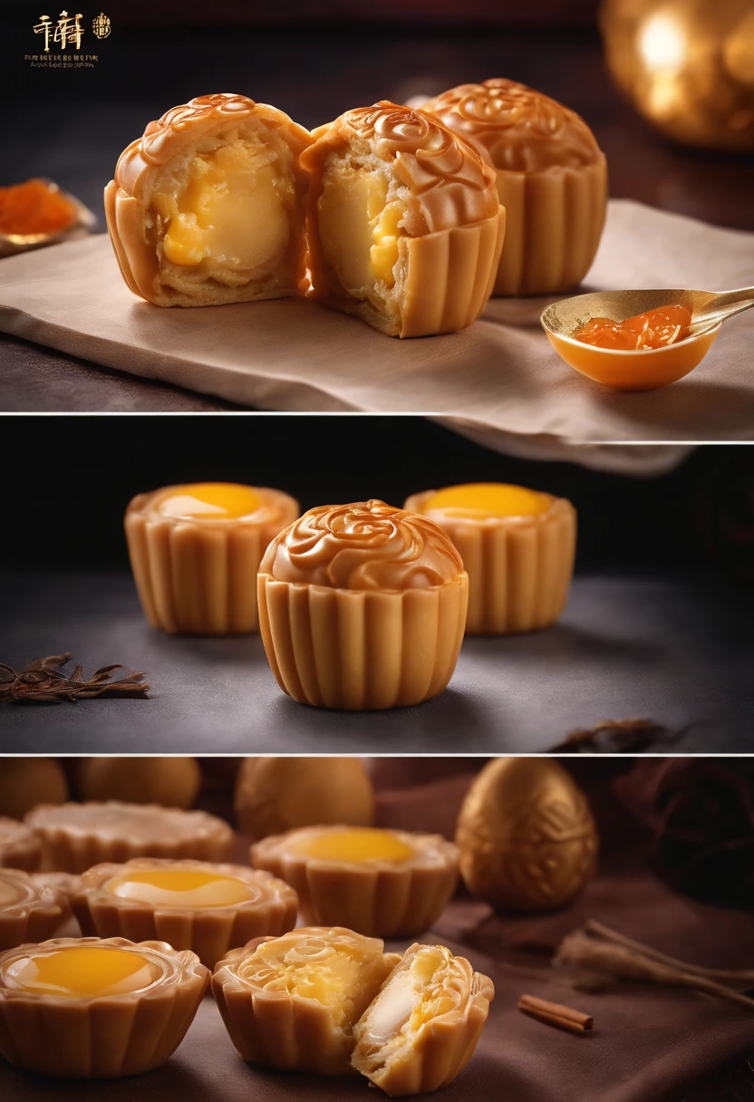 Commercial shooting, Cantonese egg yolk mooncakes, Mooncake size, poster for, Fresh style background, elegant, Booth lighting, Attractive, photorealistic colors, Ultra HD