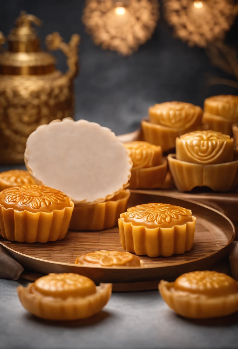 Commercial shooting, Cantonese egg yolk mooncakes, Mooncake size, poster for, Fresh style background, elegant, Booth lighting, Attractive, photorealistic colors, Ultra HD