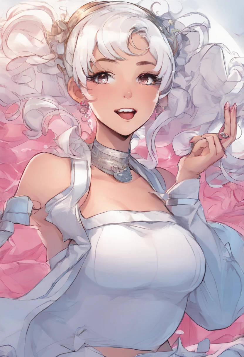 ((ultra quality)), ((masterpiece)), ((Angelic beauty woman)), ((long white curly hair)), ((White hair)), ((White hair)), ((curly hair)),  (beautiful face), (beautiful female lips), Enchanting ((Sweet facial expression)), looks at the camera with a slight smile, (White skin color), (White skin), glow on the body, ((detailed eyes)), ((violet eyes)), (juicy female lips), (dark eyeliner), (beautiful female hands), ((thick body)), ideal female body, ((pink dress with hearts)), beautiful waist, beautiful big hips, big breasts, thick thighs, ((Subtle and beautiful)) (), ((depth of field)), ((high quality clear image)), (delete details), ((High detail)), ((clear focus))