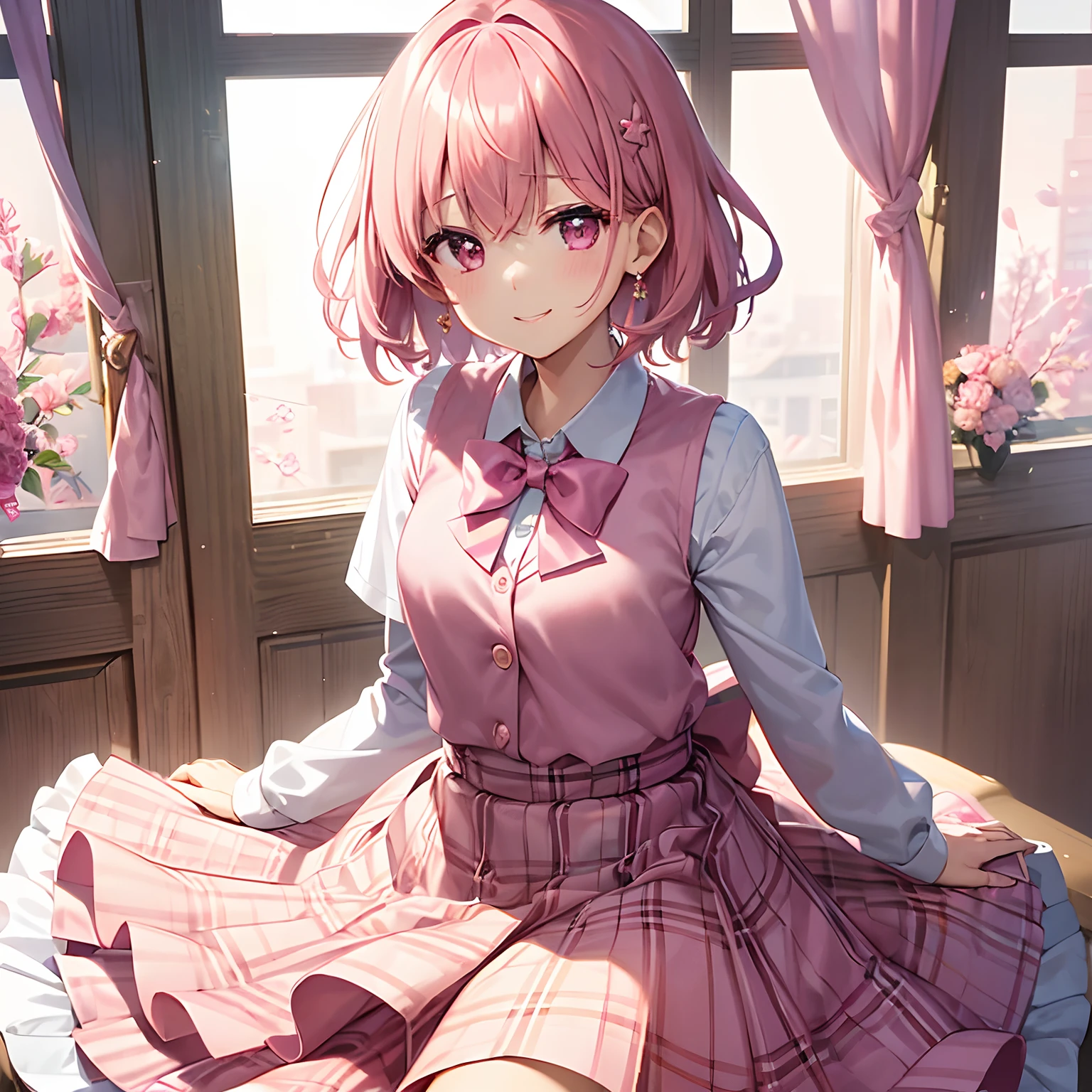 one girls、short-hair、Pink hair、Pink eyes、Pink Blazer、(Plain white shirt)、(pink bowtie)、(Pink plaid skirt)、Black stockings、a smile、Close one eye、red tide、hightquality、best qualtiy、Bouquet of pink flowers、‎Classroom