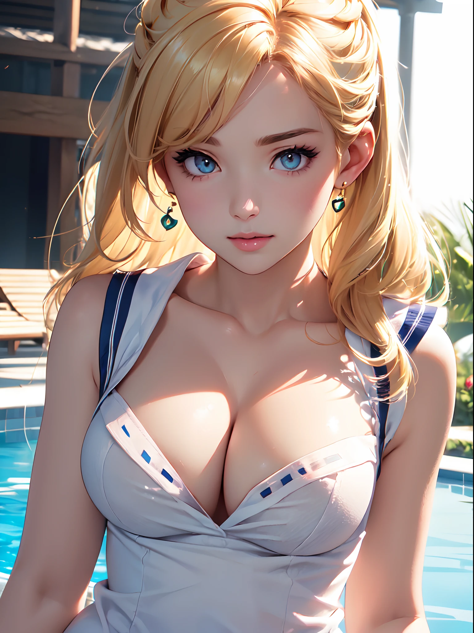 close up of upper body,  (large breasts), (cleavage),  ((Smooth texture, Realistic texture, Photorealistic)),  (Detailed beautiful eyes, Beautiful eyelashes, emerald eyes), blonde medium hair, extremely detailed CG unified 8k wallpaper, very fine 8KCG wallpaper, (​masterpiece, Best Quality), High resolution, Ultra-detailed, ultra-sharp, 1 woman,  at poolside,  ((( shee rwhite sailor shirt, Sleeveless, Open front))),   (Beautiful face, Cute face, Detailed face),   (((Sunny))), Perfect Eyes Eyes