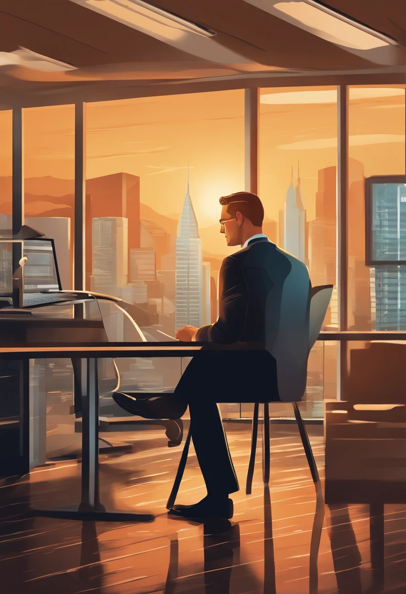 Display the image of a determined entrepreneur in a modern office, Facing a series of setbacks and financial charts. The focus is on unwavering commitment and resilience in the face of adversity. Cinematic Illustration, Digital art with an emphasis on facial expressions, --ar 16:9 - V5