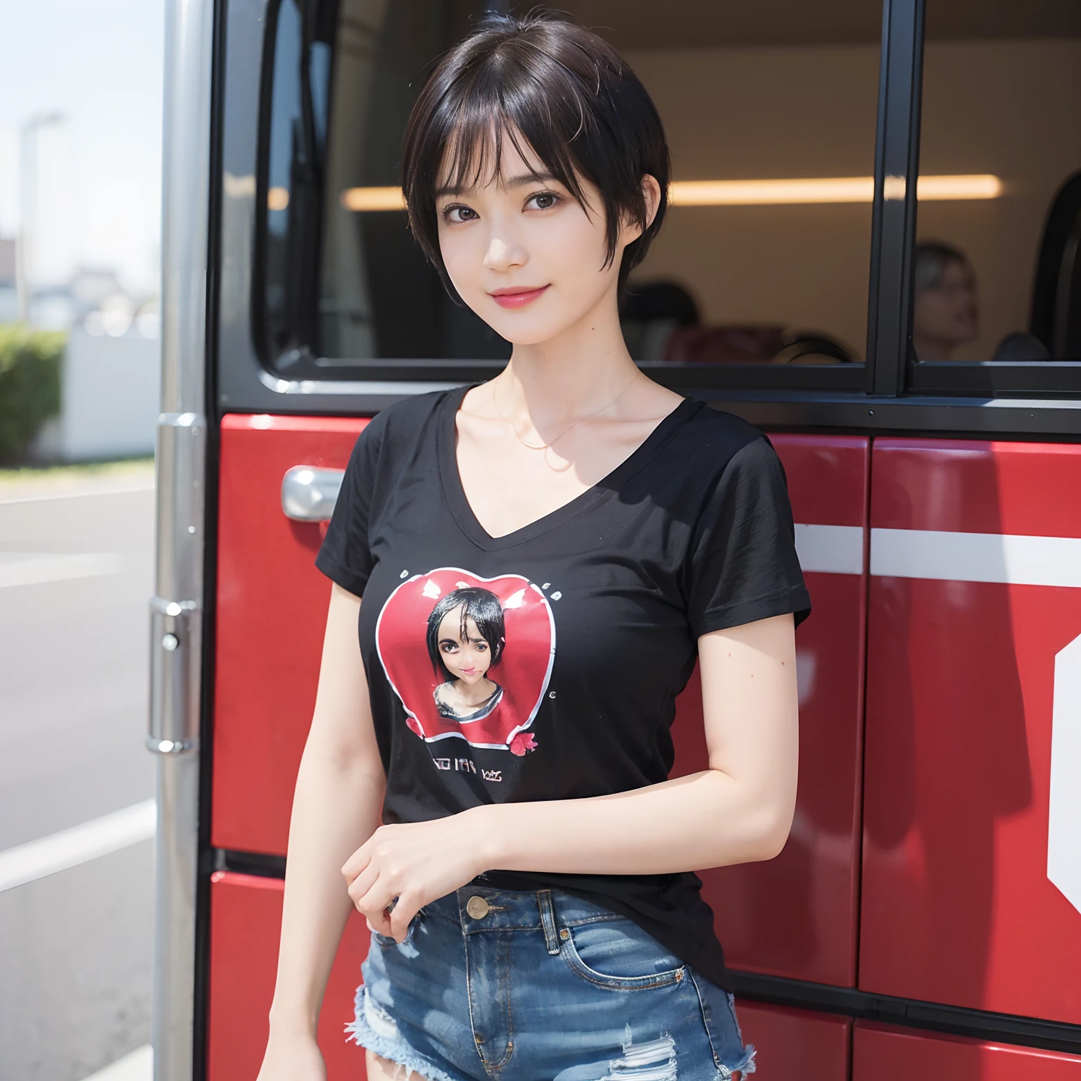 85
(a 20 yo woman,is standing), (A hyper-realistic), (masutepiece), ((short-hair:1.46)), (Smooth black hair), (Breast:1.0), (kindly smile), Wearing shorts, (Wear a T-shirt with a character design print), (Beautiful skin:1.5)