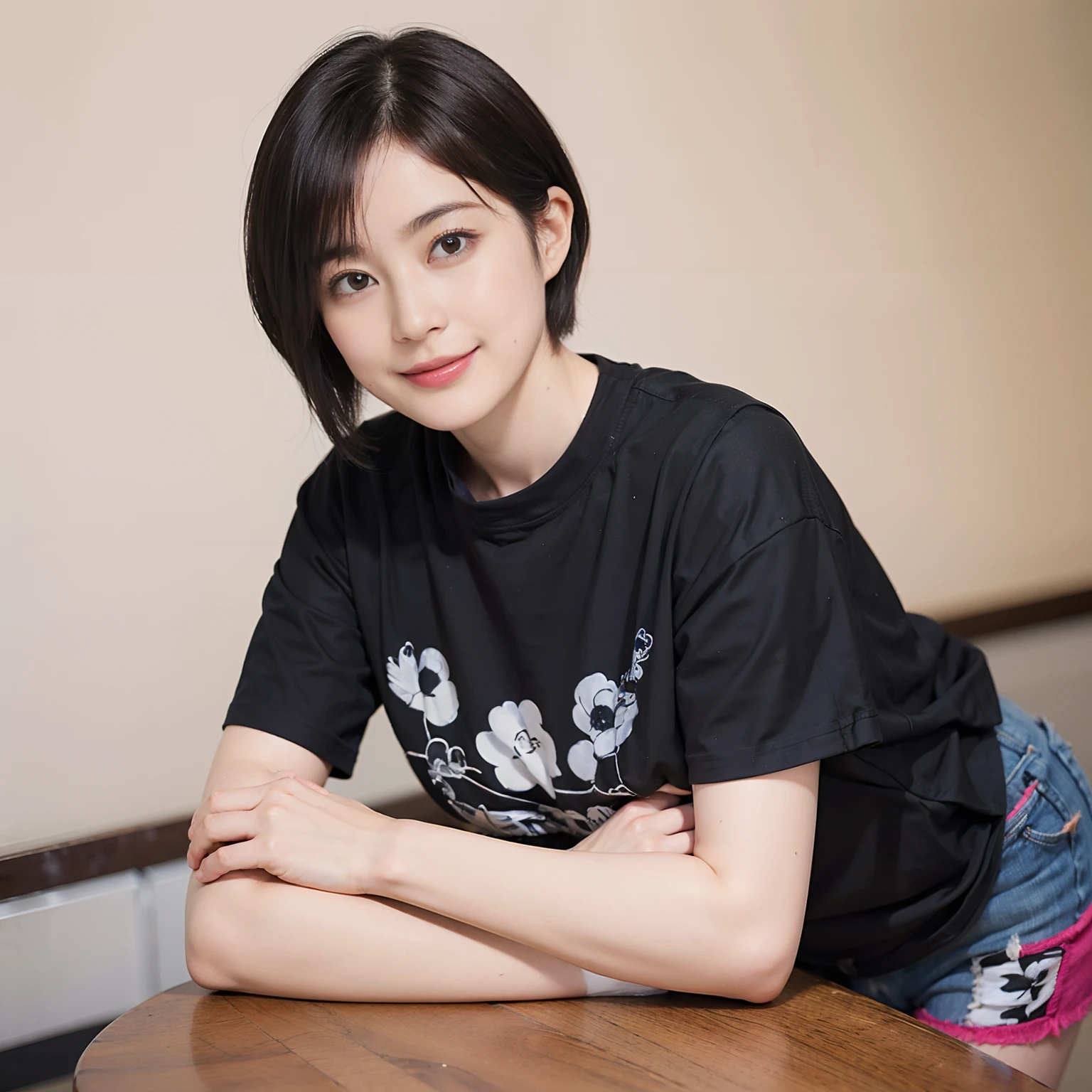 85
(a 20 yo woman,is standing), (A hyper-realistic), (masutepiece), ((short-hair:1.46)), (Smooth black hair), (Breast:1.0), (kindly smile), Wearing shorts, (Wear a T-shirt with a character design print), (Beautiful skin:1.5)