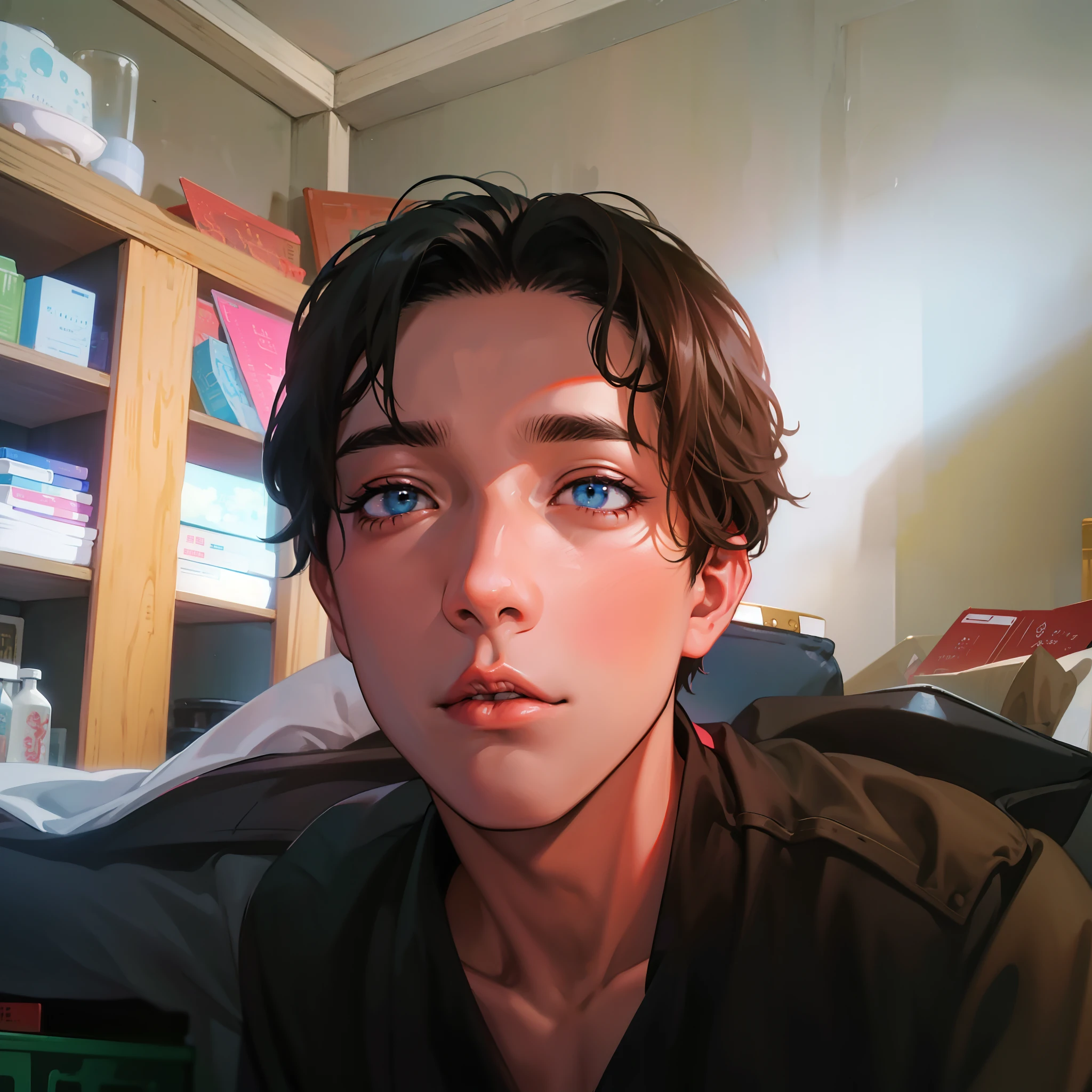 Anime boy calls to talk, ig studios anime style, nightcore, style of anime4 K, High quality anime art style, Anime boy, young anime man, Anime art style, Digital anime illustration, Anime style. 8K, in an anime style, male anime character, Kawasi,best qualtiy:1.0),(超高分辨率:1.0),Anime boys,with short black hair,blue color eyes,Classroom,blackboards,classroom desk,hyper HD