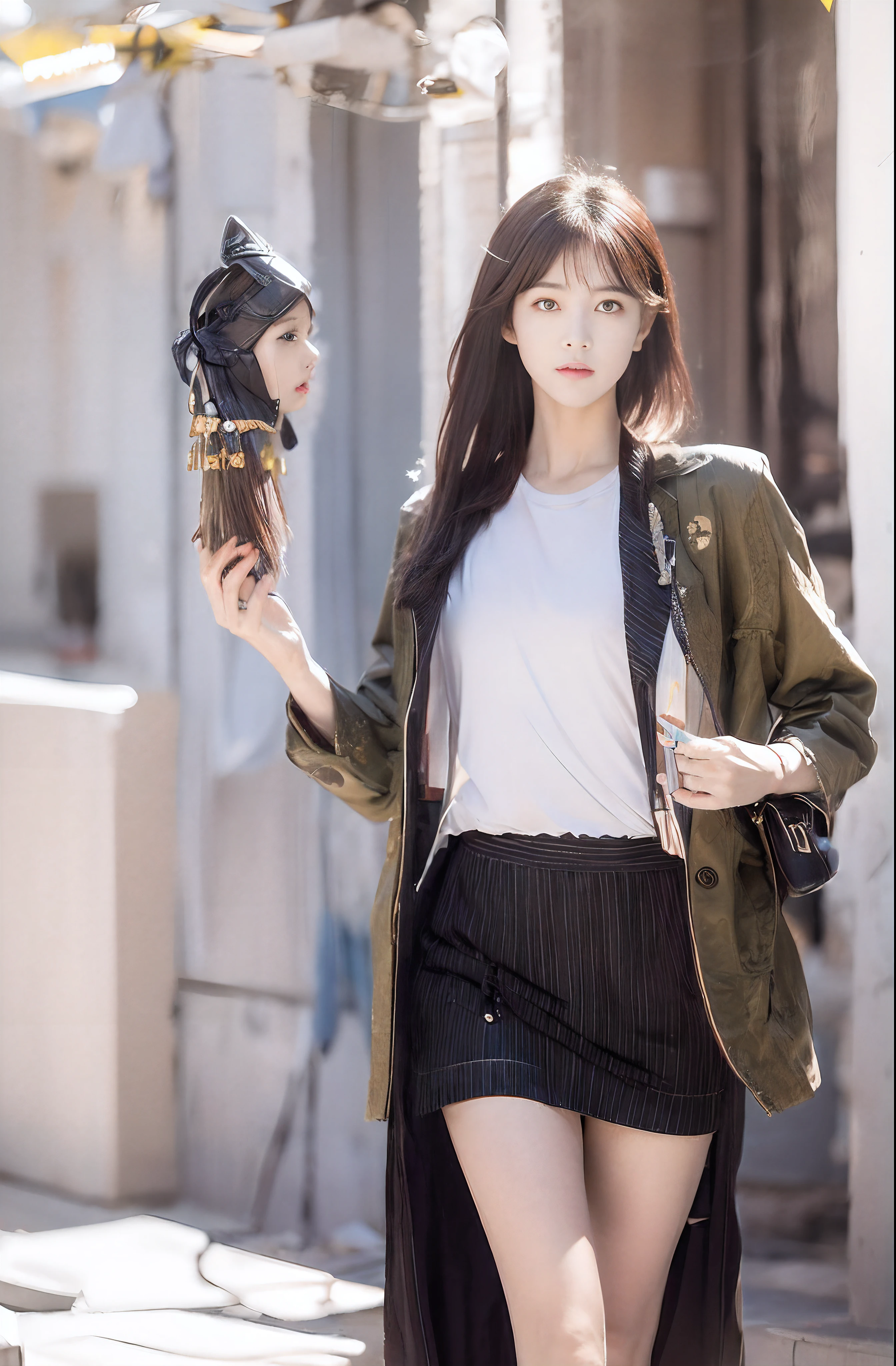 Thinking of a young woman in Japan, Her posture exudes confidence and dignity, Reminiscent of the ancient Etruscan goddess Menleva. Her outfit is、The past and present are beautifully blended, An ensemble of hipsters paying homage to her divine inspiration. You might wear a chic blazer that subtly mimics the shape of a warrior's armor, Paired with a graphic t-shirt with an artistically depicting the helmet, sheild, and spears, The classic symbol of Menrva. Her hair is styled with a contemporary cut, Sleek and structured, Without compromising modern style、It gives the impression of a warrior's helmet.

Her accessories are carefully chosen: Designer bags and fashionable bags, A digital tablet that shows a love of art and wisdom, Echoes in scrolls and books related to the Goddess of Wisdom. Her gaze is intelligent and sharp, With a playful spark that hints at her creative spirit. Her youth々Contrary to appearance, She exudes an air of authority, of a goddess accustomed to command and respect「boss」A nod to the nature of the.

In her essence, This modern representation of Menleva is、、、It's a fusion of the old and the new, Timeless Goddess Qualities、Embodied in a way that resonates with modern society.