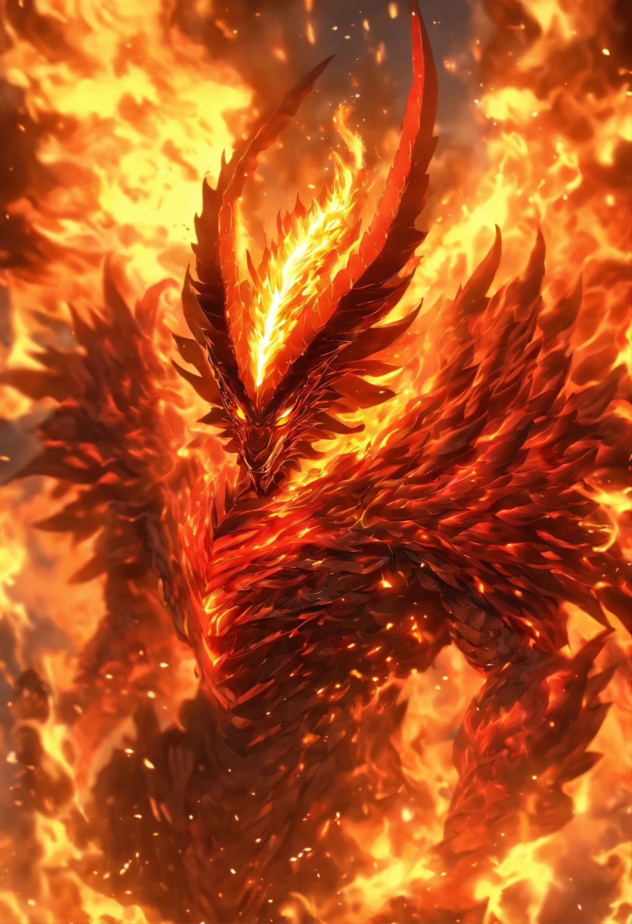 Huge fire dragon,Anime character in the shape of a western dragon,Fantastical legendary creatures,Long fiery red hair and blonde eyes, Character Album Cover, full art, fantasy character, full art illustration, full portrait of elementalist, character profile art, official character art, official character illustration, merlin, high detailed official artwork,A demon in armor,((red flames,Burning flames,A cloak of flame shaped like wings:1.3)),Hot hell,Fire Demon Ifrit,Wrapped in a powerful set of armor. The metal plate is decorated with an intricate design,Reminiscent of a flickering flame licked on the surface,An illusory fluorescent red body,(Facial focus) ,Very detailed CG unity 8K wallpaper,hugefilesize,ultra - detailed,A high resolution,absurderes,beautidful eyes,Ray traching,dramatic shadow,finely detailled,Dramatic angles,Hyper-detailing,(8k, best quality, tmasterpiece:1.2),\(eye detailed\),\(Facial features\),(\(Clothes detail details\)\),((A huge flame in the shape of a dragon,A huge energy body that is amorphous,Elemental lifeforms:1.5))
