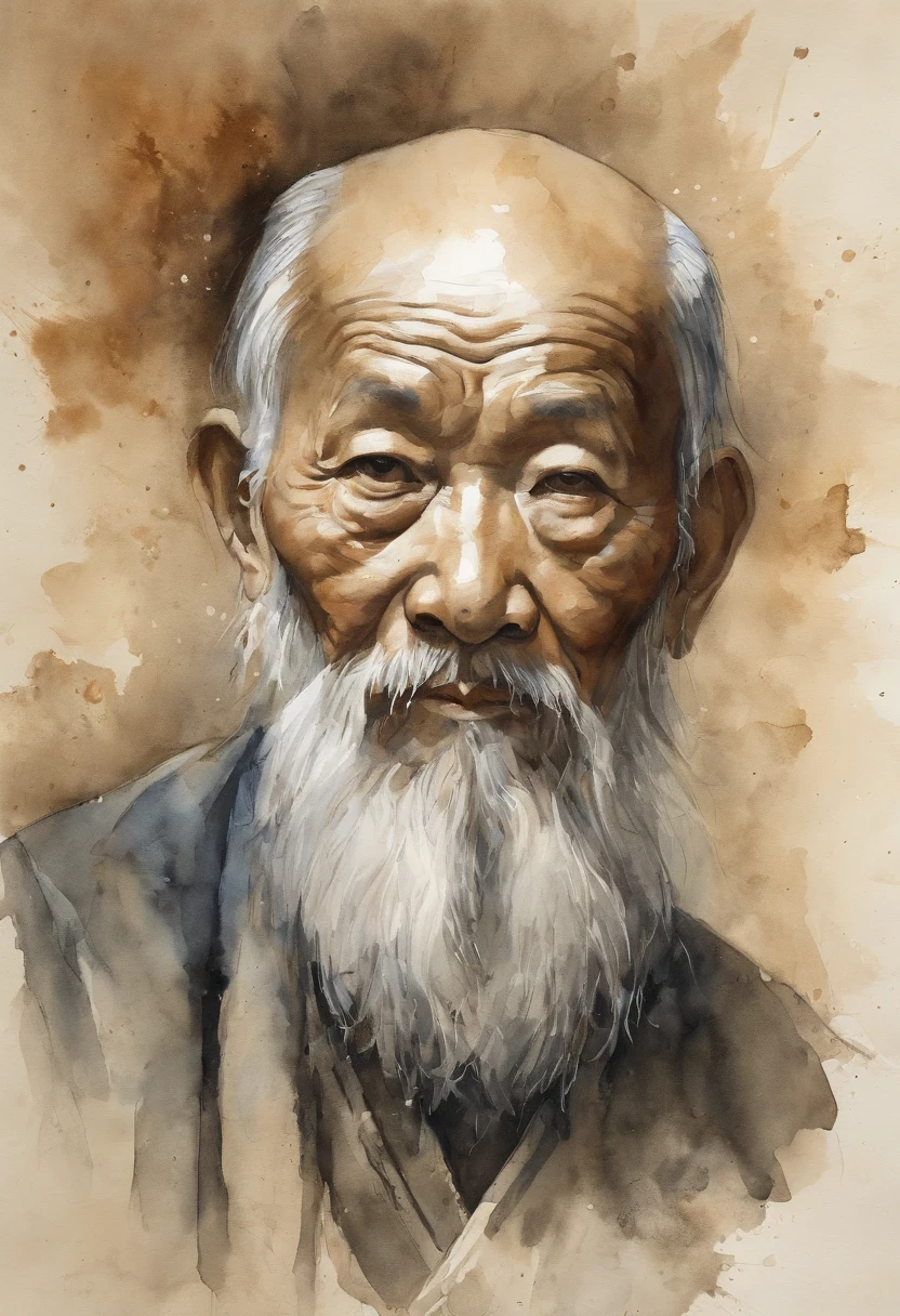 Portrait of Lao Tzu, a Chinese philosopher with a big beard, Corrosion in dry areas, highly detaild, hatching, A hyper-realistic, Aquatint, line drawing, 真实感, Slabs, Washi, trending on Artstation, foco nítido, studio photography, intriciate detail, highly detaild, Directors: Greg Rutkowski
