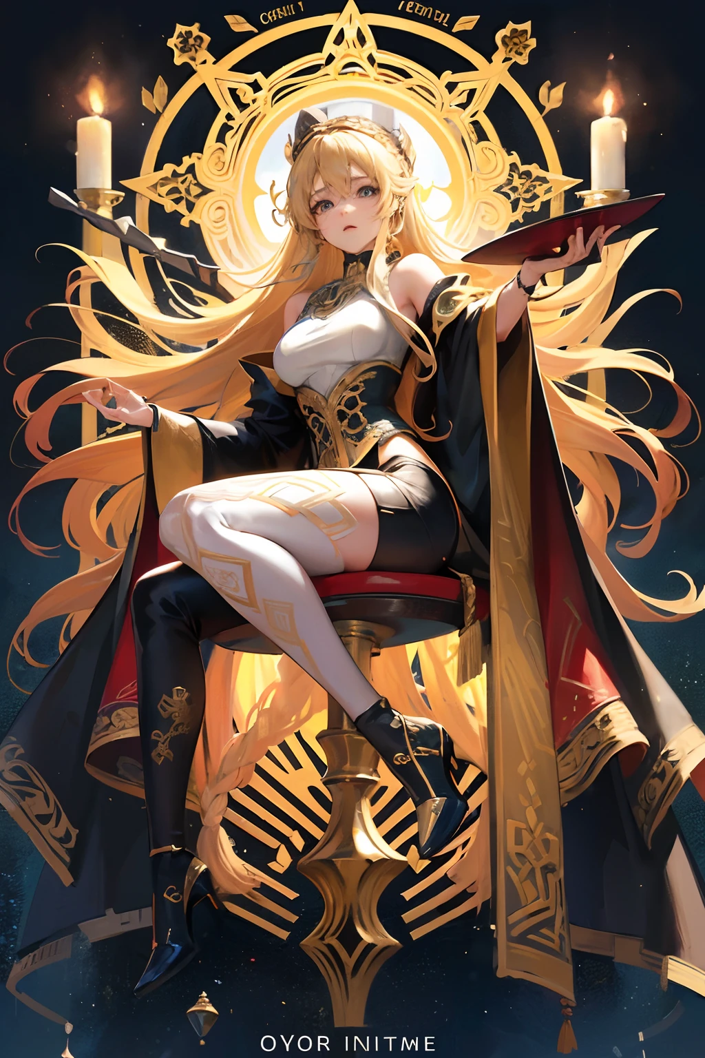 best quality,masterpiece,Ultra-high resolution,(photoactual:4:0),The Golden Palace,A beautiful Eastern nine-tailed fox woman,long hair shawl,Big breasts,thin waist,Wearing a black dragon and phoenix robe,Sitting on the Dragon Throne