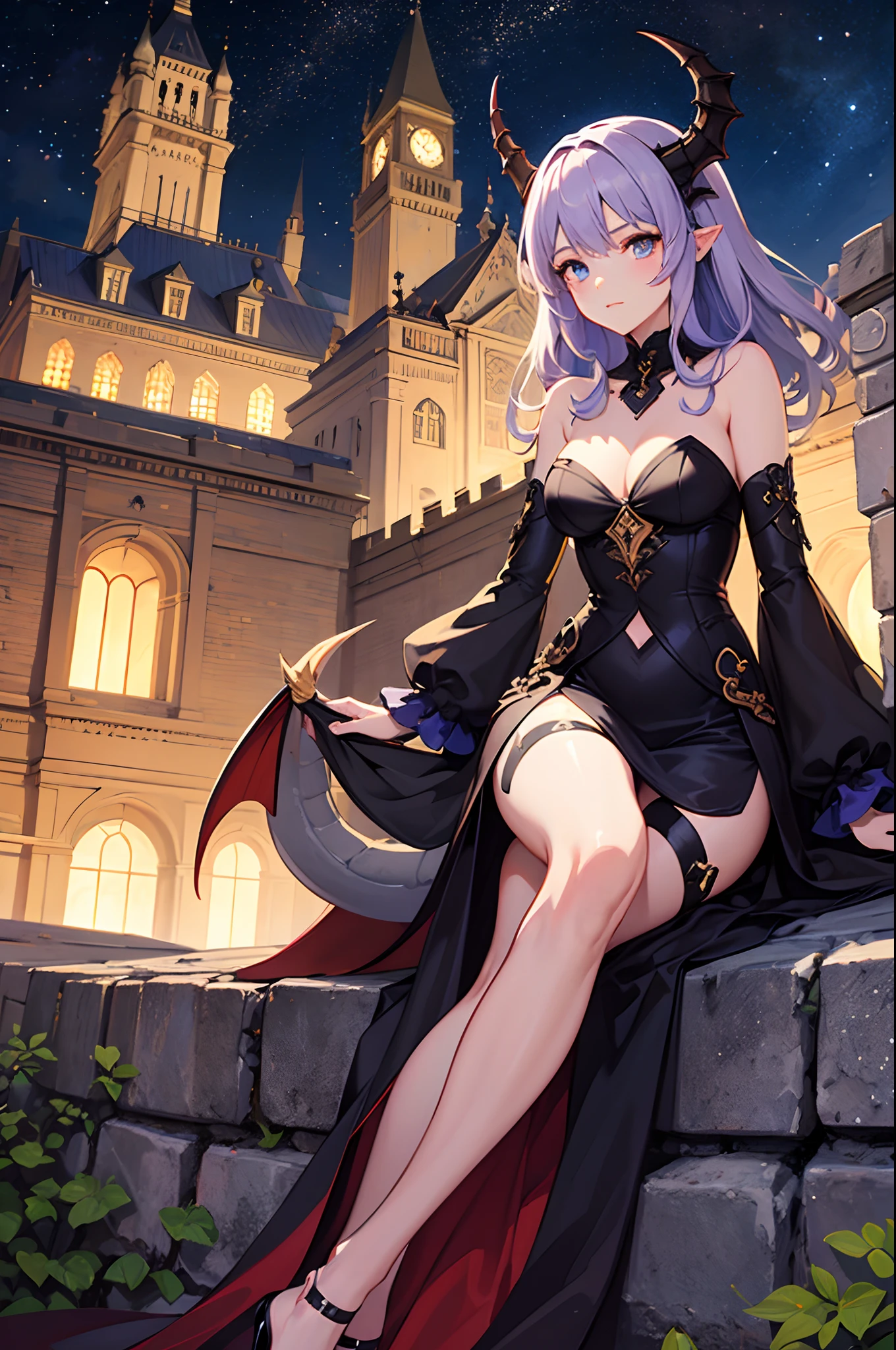 (masterpiece), best quality, kind, dragon woman, late 20s, feminine, heterochromatic eyes, curved horns, long pastel purple hair, starry night, ((sitting on castle ruins)), modern clothing, himedere