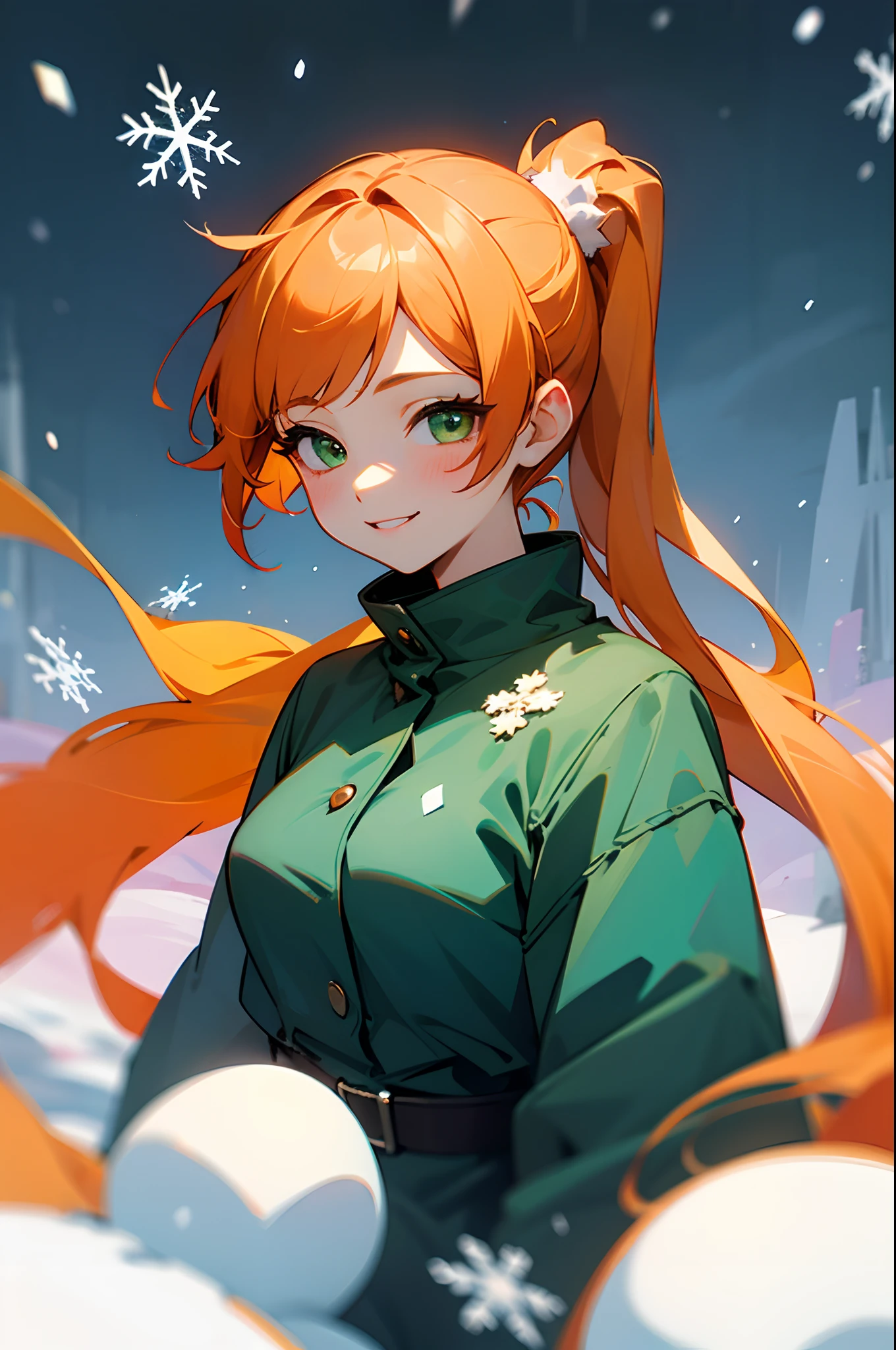 1girl in、Orange hair、Side Ponytail、large round green eyes、A slight smil、Laugh、Winters、snowflakes falling