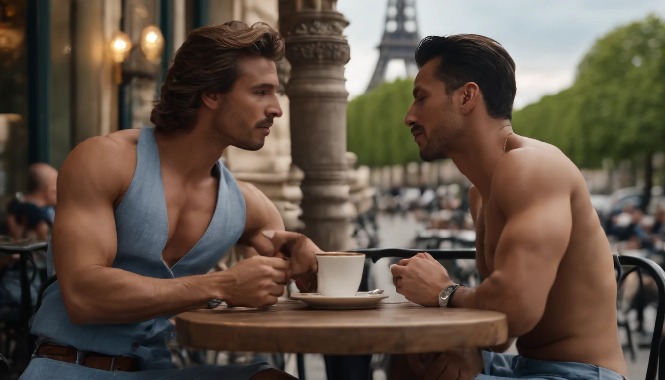 photo of stunning two handsome muscular Thai men kissing sitting outdoors at a French cafe near Eiffel Tower, Paris, no female, honey eyes, short messy windy dark brown hair, flipping hair, closeup zoomed in tight crop portrait, people watching, top-view (out door french coffee shop scene:1.2) (day time:1.2) wearing a (linen shorts and no shirt:1.3) (Lighting-blue:1.2) foreground objects background details (masterpiece:1.2) (photorealistic:1.2) (bokeh:1.2) (best quality) (color grading) (detailed skin:1.3) (no shirt:1.3) (intricate) (8k) (HDR) (cinematic lighting:1.3) (sharp focus), messy windy hair, Location Paris France