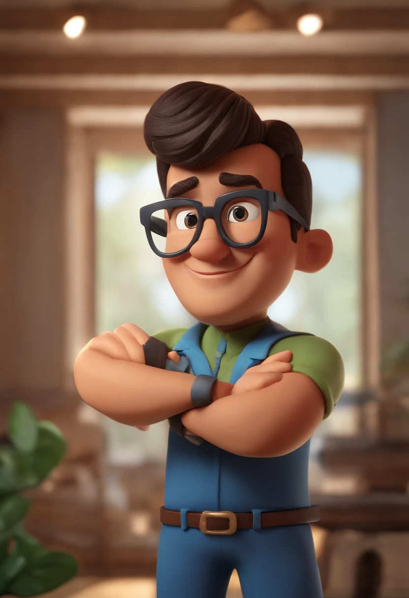 Cartoon character of a man wearing black glasses and a blue shirt, um personagem animado, Caractere estilizado, animation style rendering, 3D estilizado, Arnold Maya render, 3 d render stylized, toon render keyshot, Personagem 3D, Personagem 3D, 3d rendering stylized, 3 d character render, personagem de desenho animado, Personagem de close up, Pose de personagem, (Estilo Pixar) (master part:1.2) (Bokeh) (best quality) (pele detalhada) (textura detalhada) (8k) (argila) (Cinematic lighting) (foco nítido，Senta e vaza a parte superior do corpo