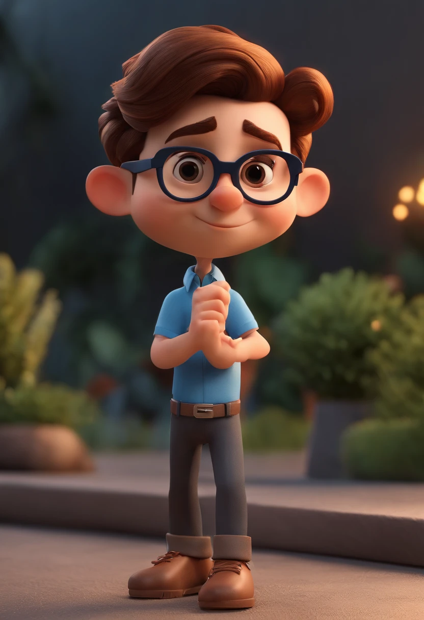 Cartoon character of a man wearing black glasses and a blue shirt, um personagem animado, Caractere estilizado, animation style rendering, 3D estilizado, Arnold Maya render, 3 d render stylized, toon render keyshot, Personagem 3D, Personagem 3D, 3d rendering stylized, 3 d character render, personagem de desenho animado, Personagem de close up, Pose de personagem, (Estilo Pixar) (master part:1.2) (Bokeh) (best quality) (pele detalhada) (textura detalhada) (8k) (argila) (Cinematic lighting) (foco nítido,Senta e vaza a parte superior do corpo